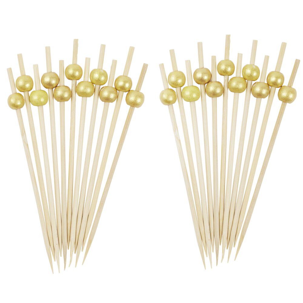Pic apéritif en bambou x24 déco boule en bois dorée
