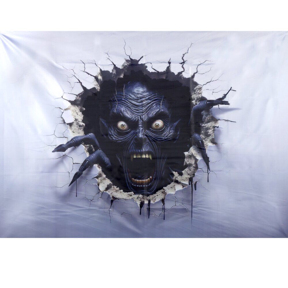 Décoration murale Halloween toile souple effet d'optique tête de zombie 150x210cm