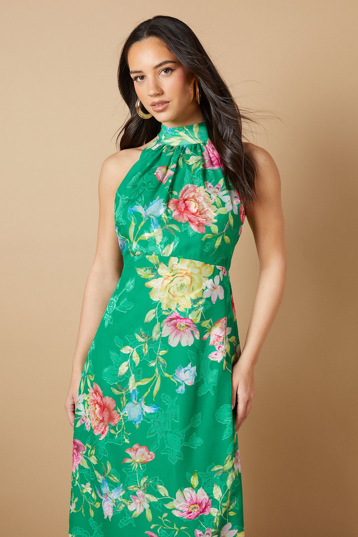 Oasis Floral Satin Burnout Halterneck Midi Dress