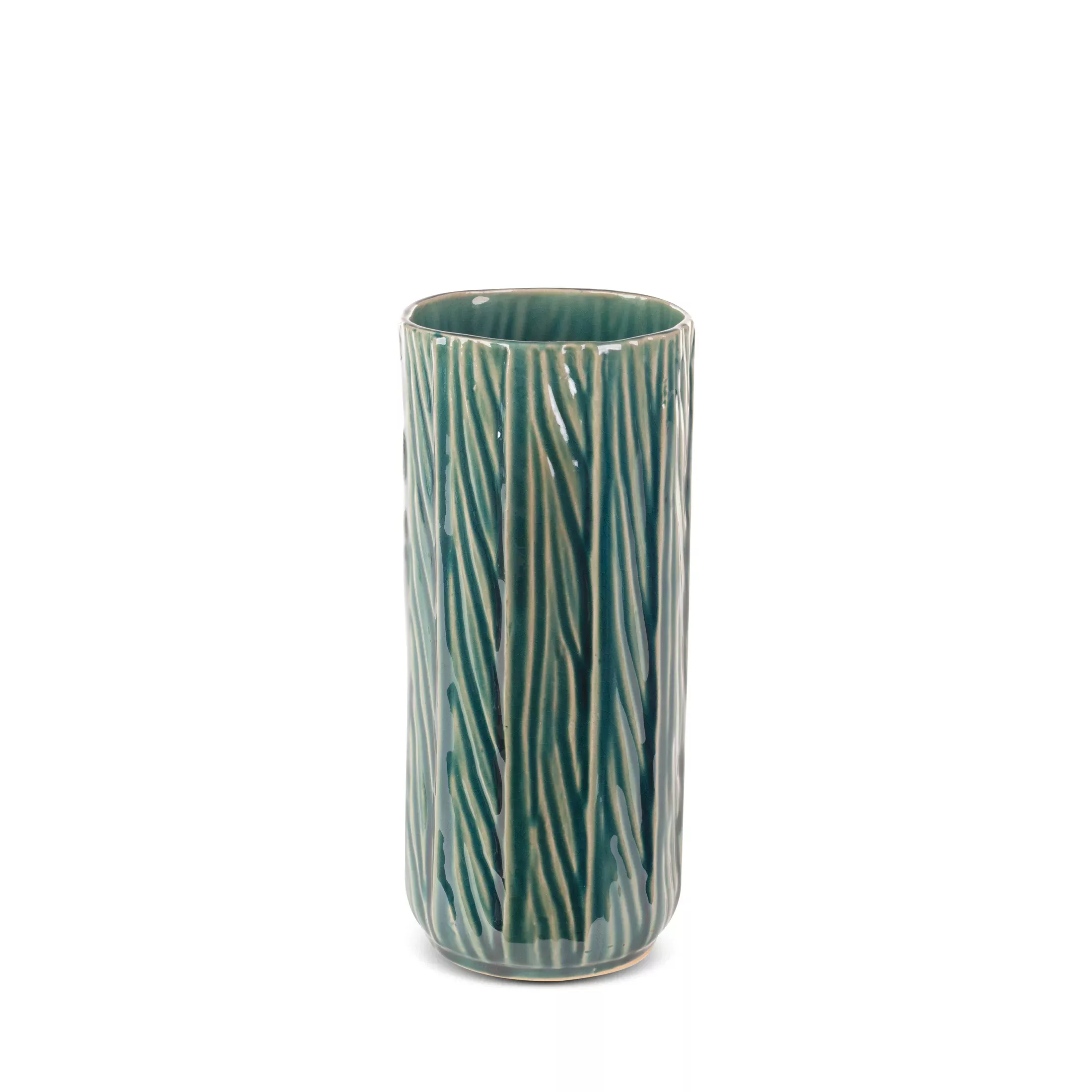 Wazon ceramiczny zielono-beżowyw stylu boho w prążki średnica 12x28 cm