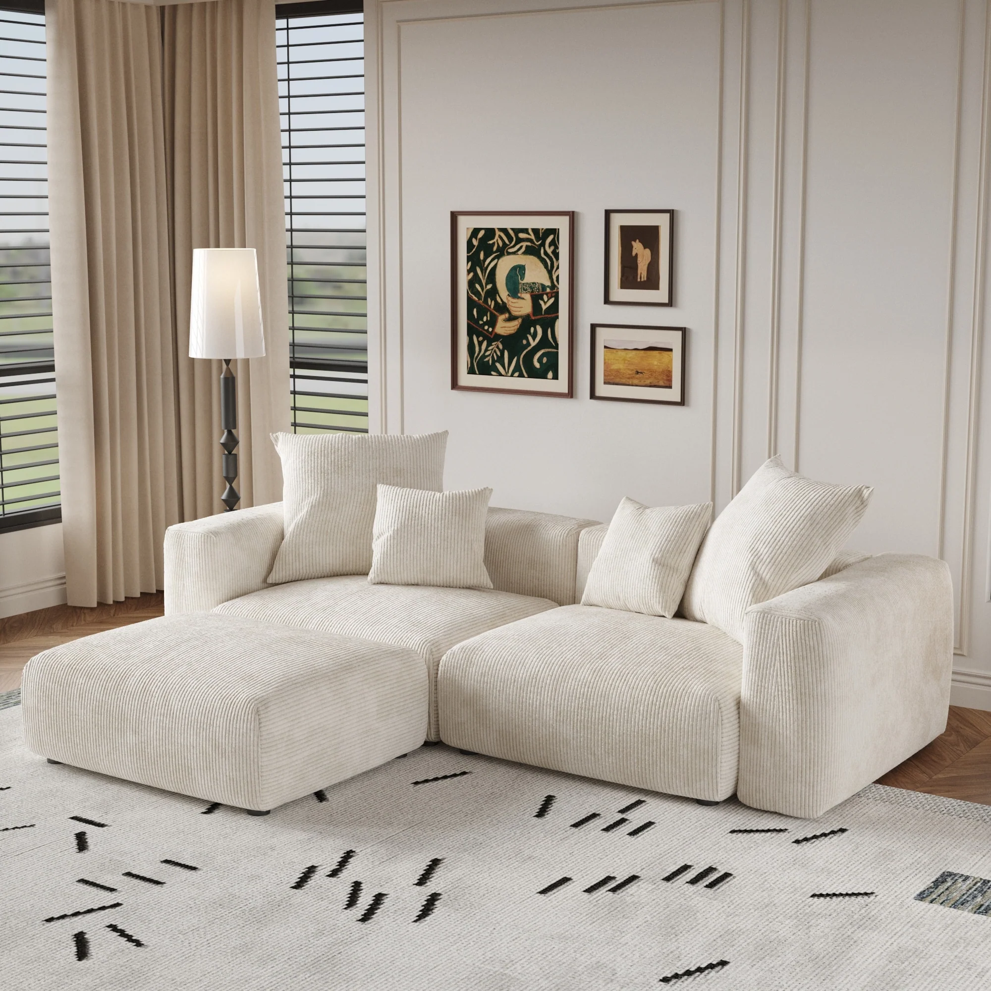 102'' Oversize Corduroy Cloud Couch Sectional Loveseat Sofa with Ottoman