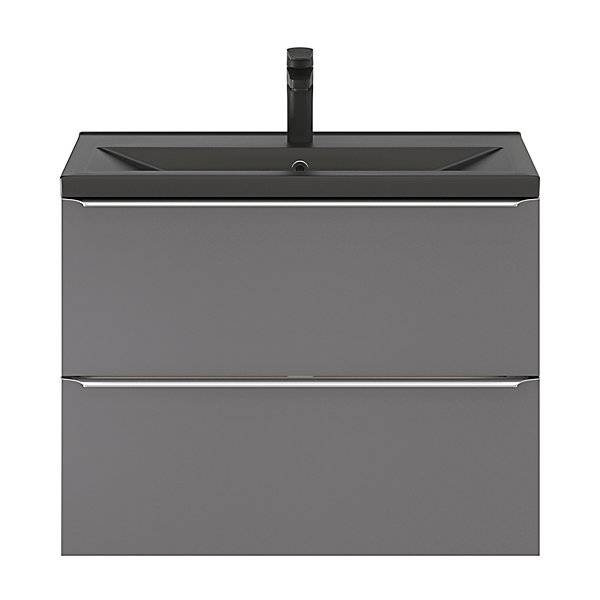 Meuble vasque suspendu faible profondeur gris brillant l.80 cm Imandra   plan vasque noir céramique Nira, GoodHome