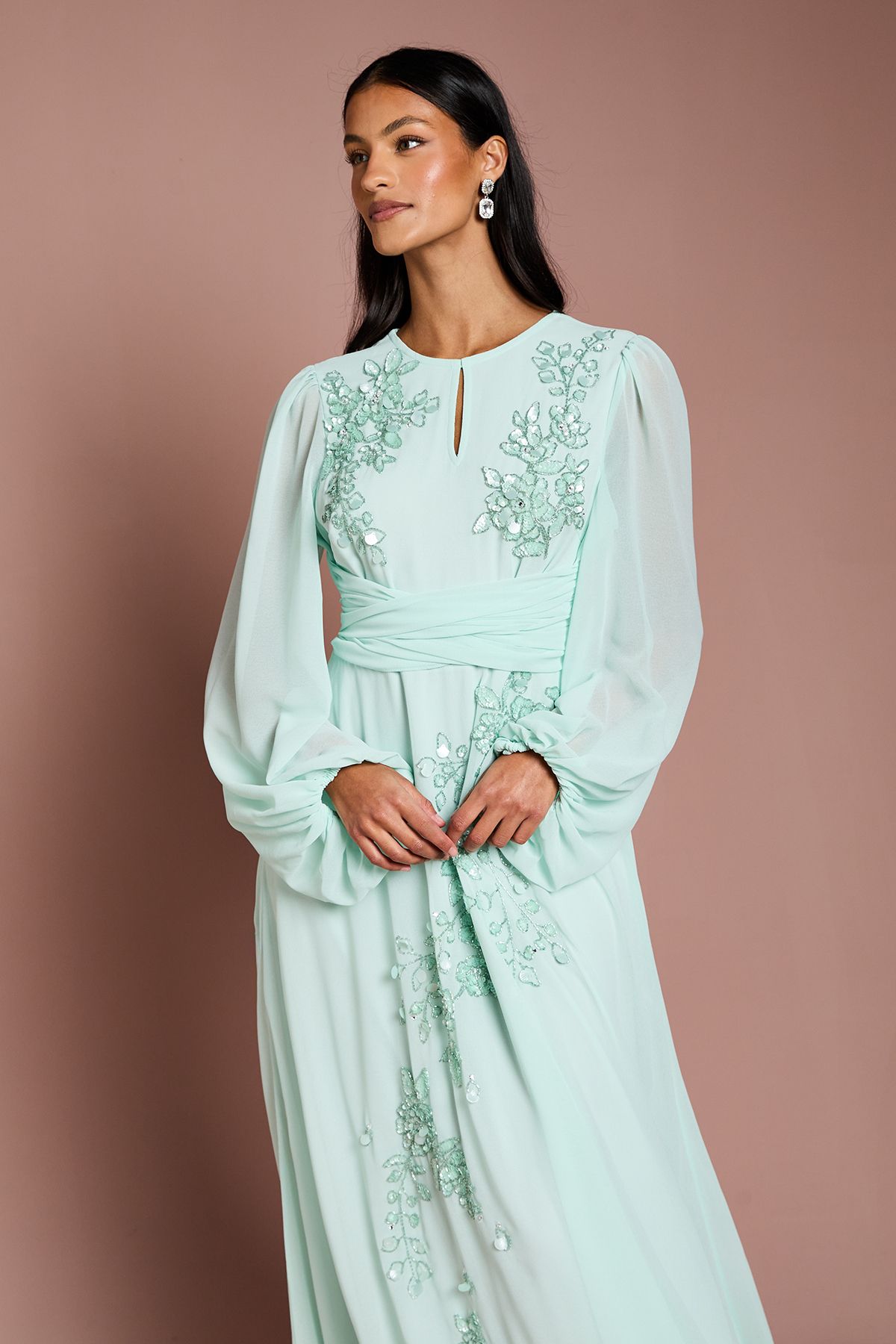 Coast Petite Long Sleeve Wrap Waist Embellished Floral Maxi Dress