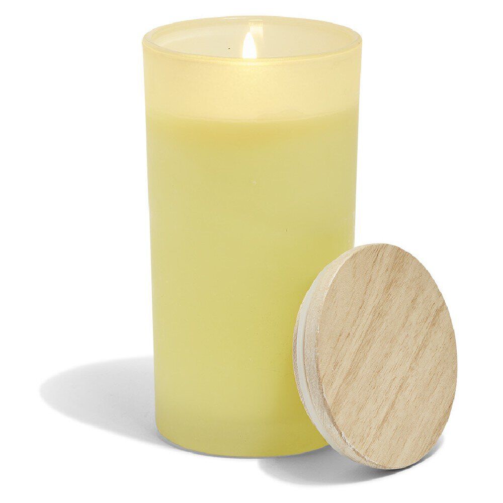 Bougie citronnelle couvercle bois verre jaune Ø8xH15cm