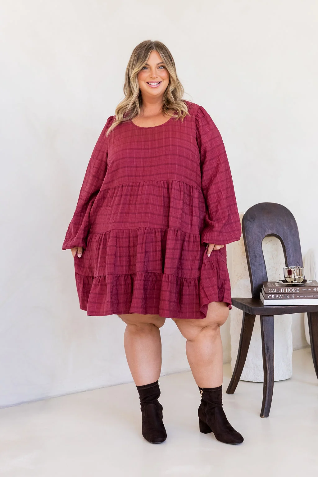 Long Sleeve Greta Dress in Wine