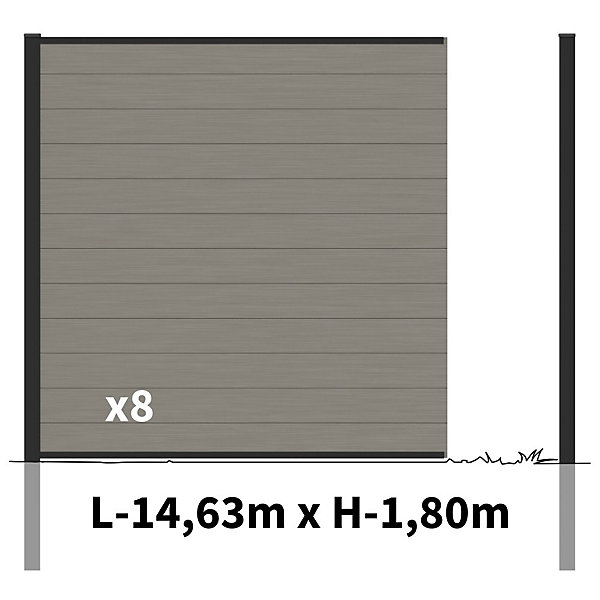 Kit Clôture Bois Composite Platine 14,5x1,8m RIO - Poteaux en Aluminium Noir - Brise Vue - Palissade