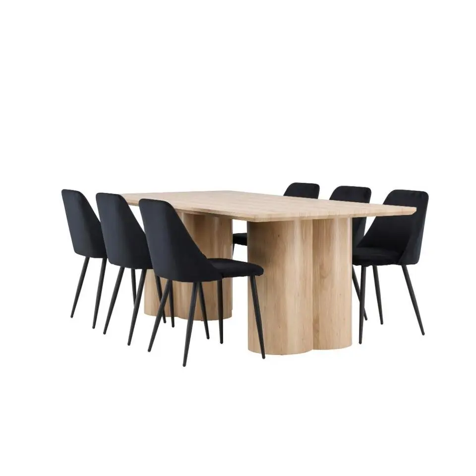 Hioshop Olivia eethoek tafel 100x210cm en 6 stoelen naturel- zwart