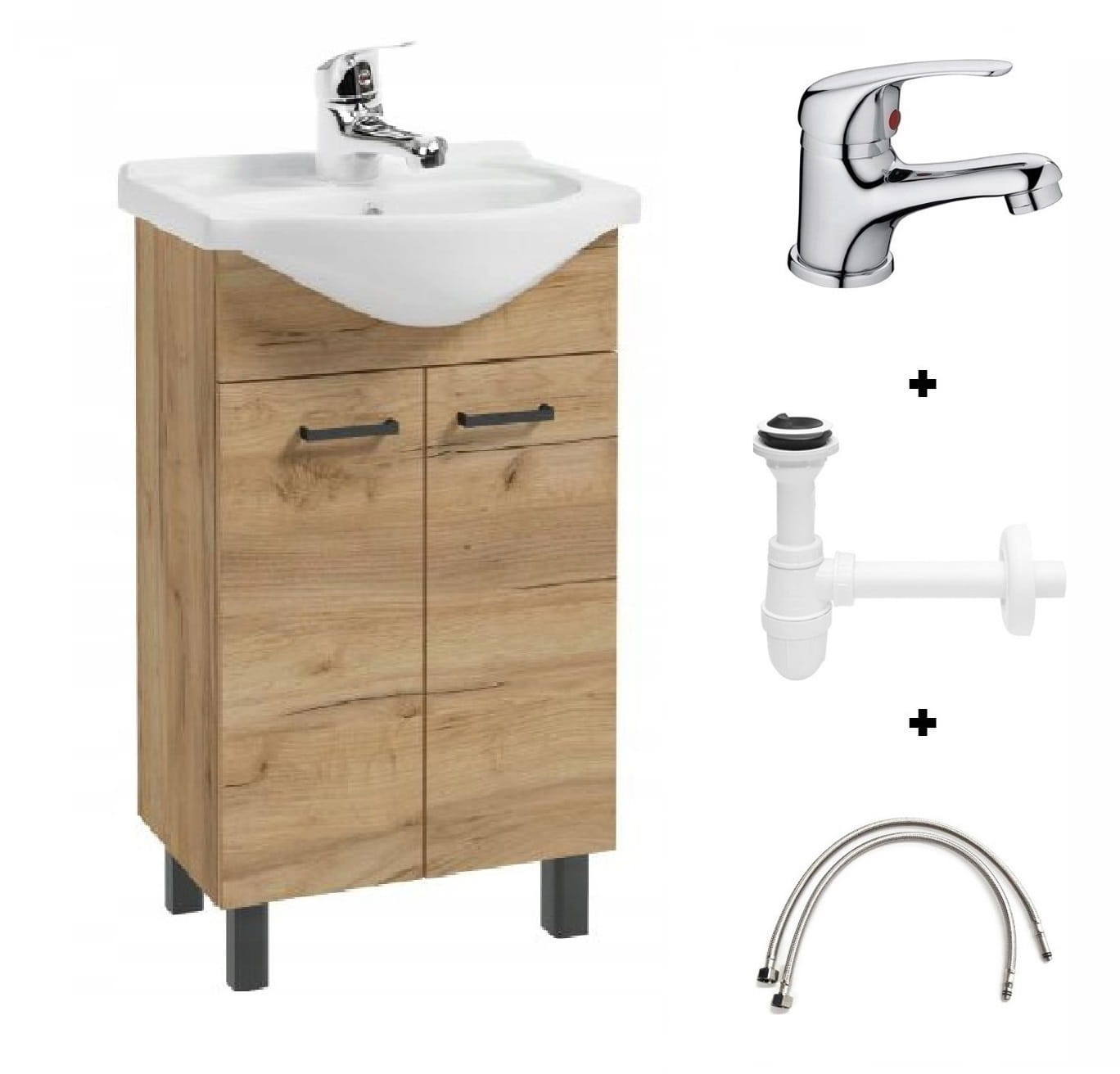Szafka Łazienkowa z Umywalką 50cm, Dąb Craft, Komplet z Baterią i Syfonem