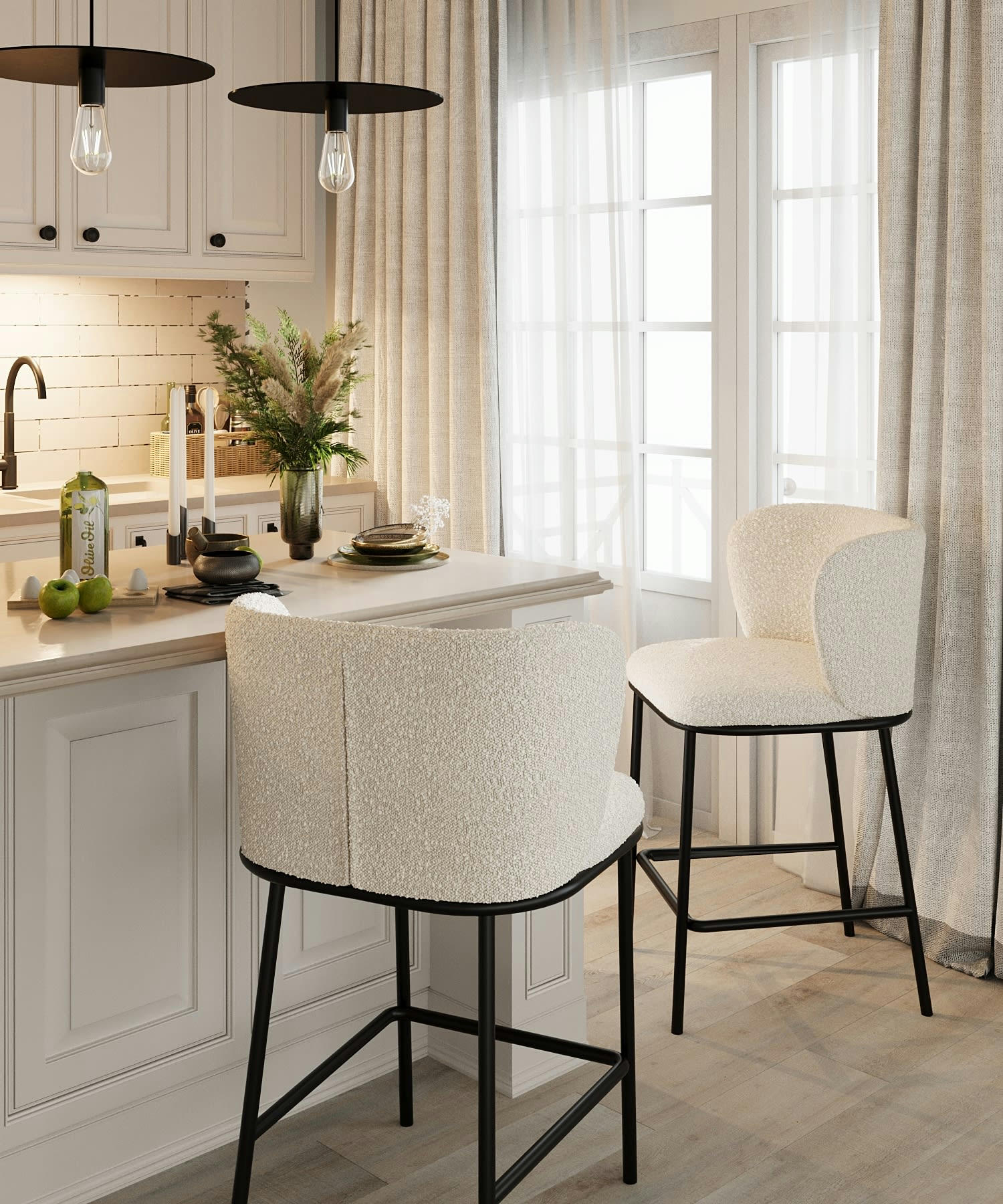 CÉSAR - Lot de 2 tabourets de bar tissu bouclé blanc