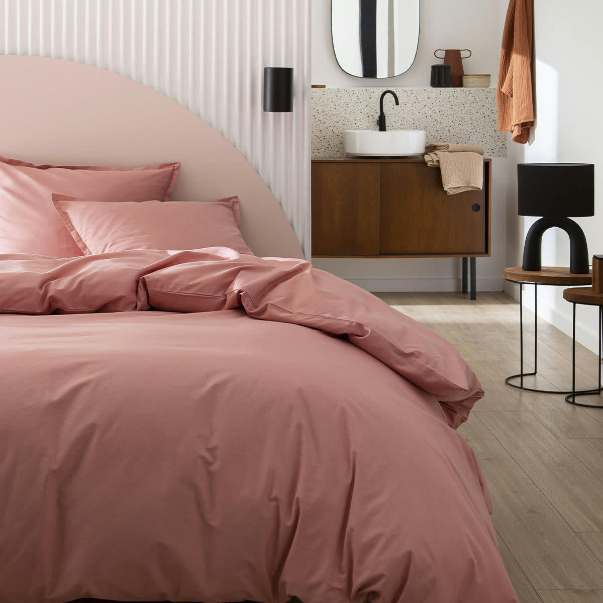 TOUT DOUX - Drap housse en coton  rose solaire 140x190 Made in France
