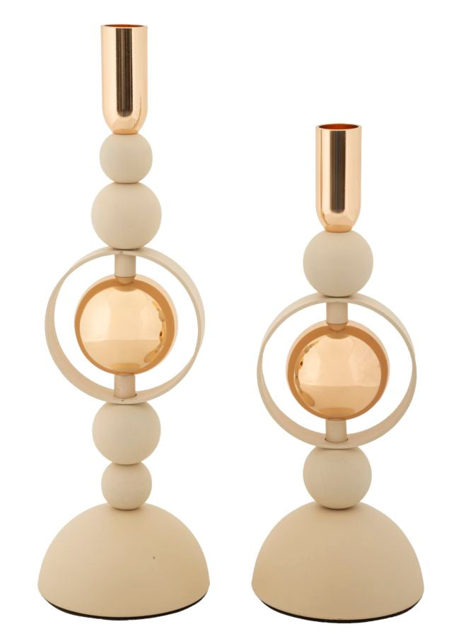 Set van 2 crèmekleurige en gouden metalen kaarsenhouders