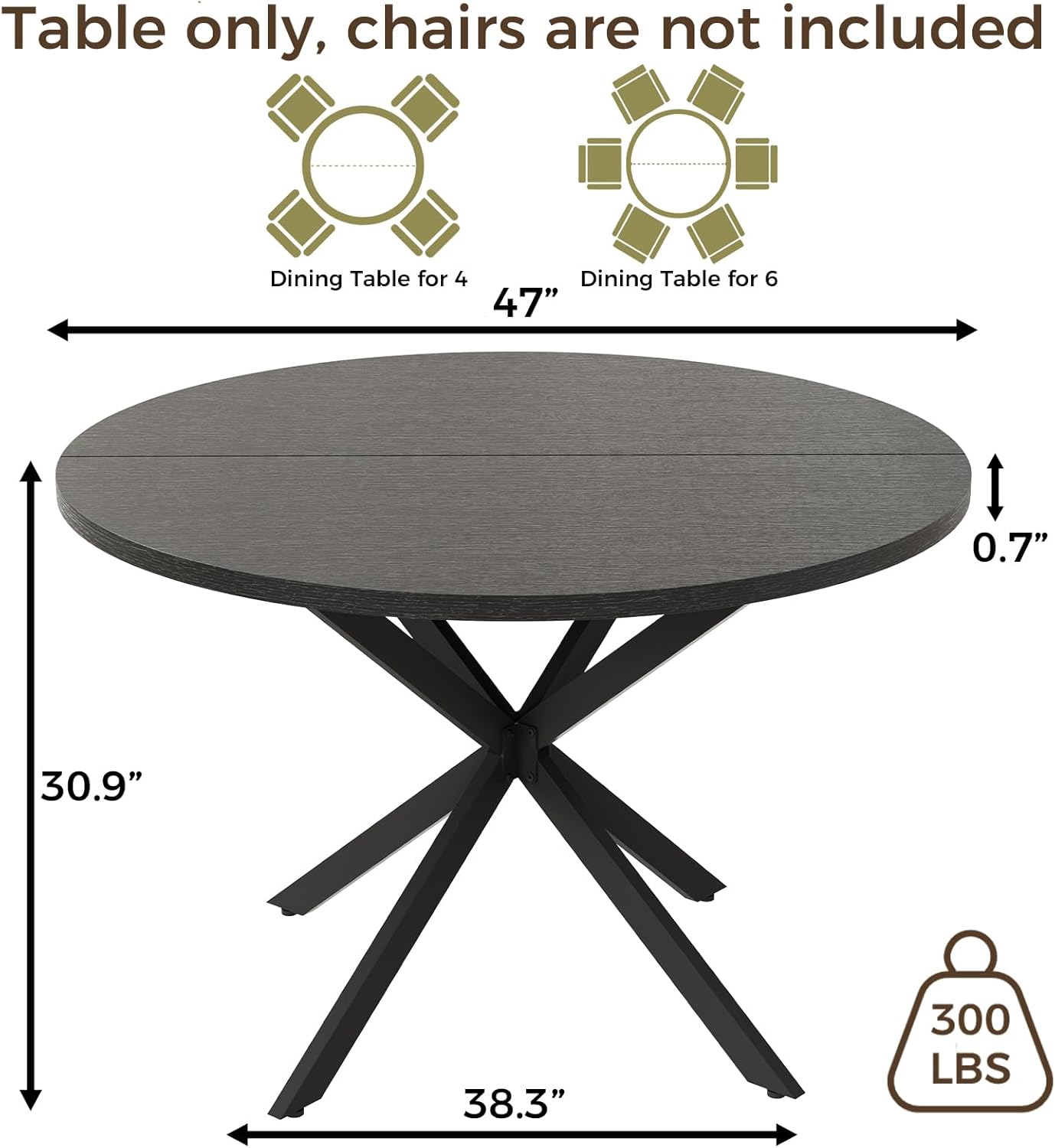 Vantic 47 Round Dining Table for 4-6 People, Modern Wood Kitchen Table for Small Space, Circle Dining Table with Metal Base for Kitchen & Living Room, Black