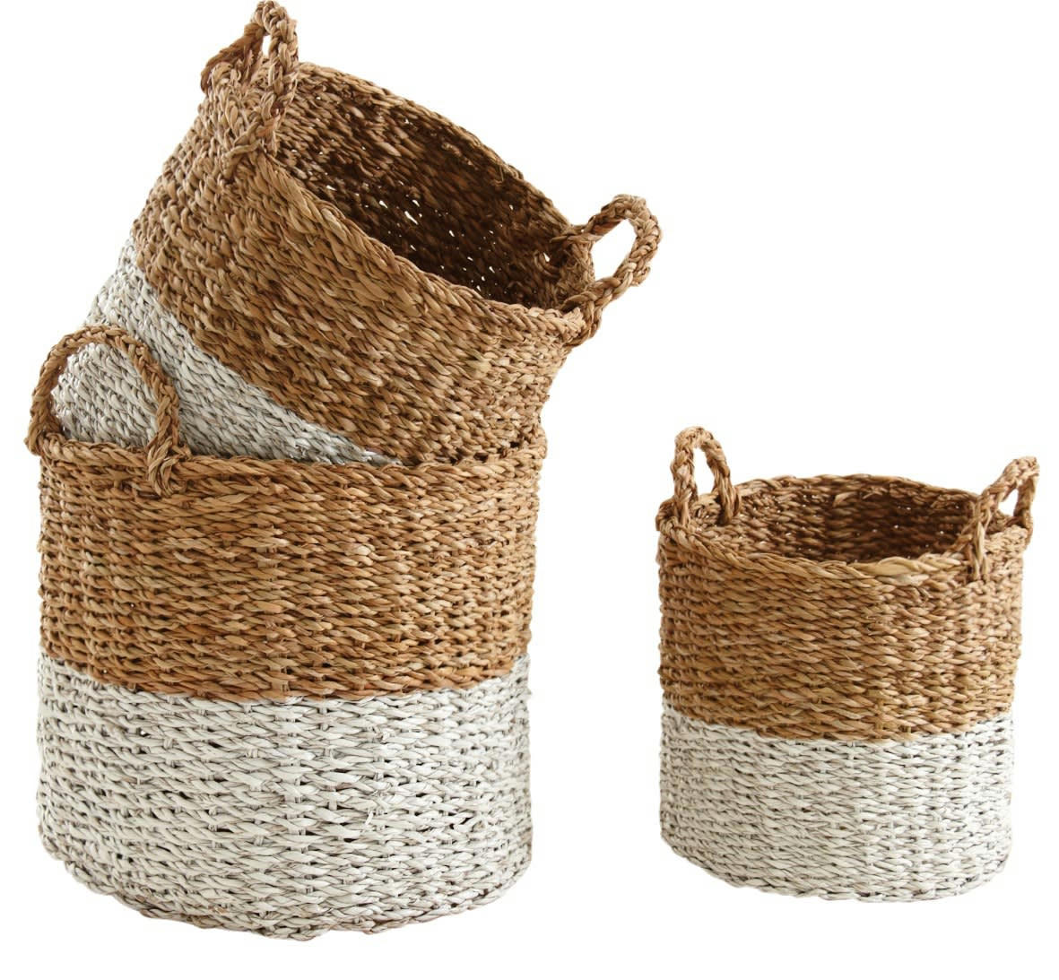 - Cache-pots en jonc de mer naturel et blanc (lot de 3)