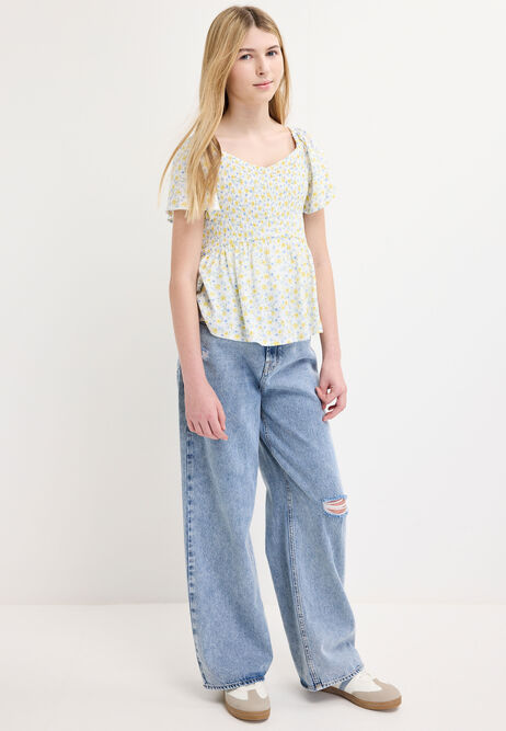 Older Girls White Floral Shirred Flute Sleeve Top