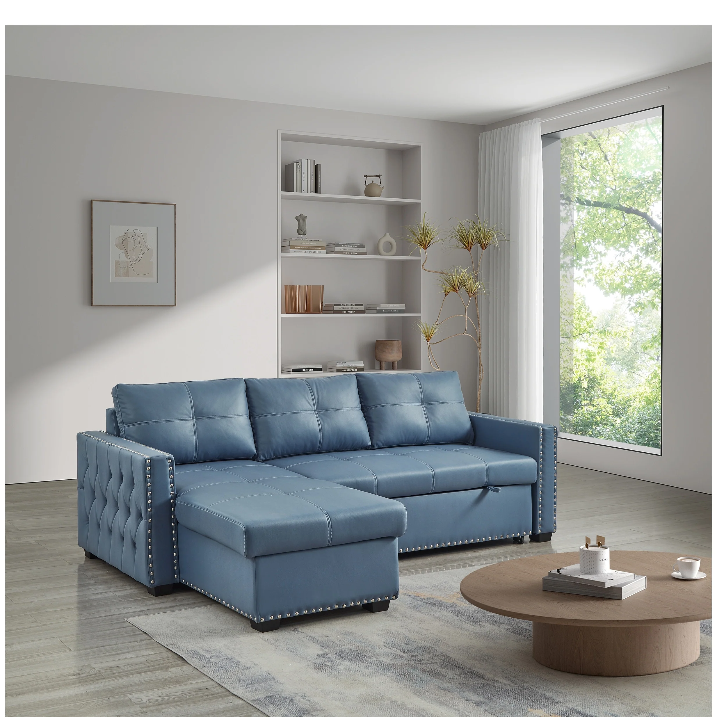 Blue 88'' Microfiber Convertible Sofa Bed with Storage Chaise