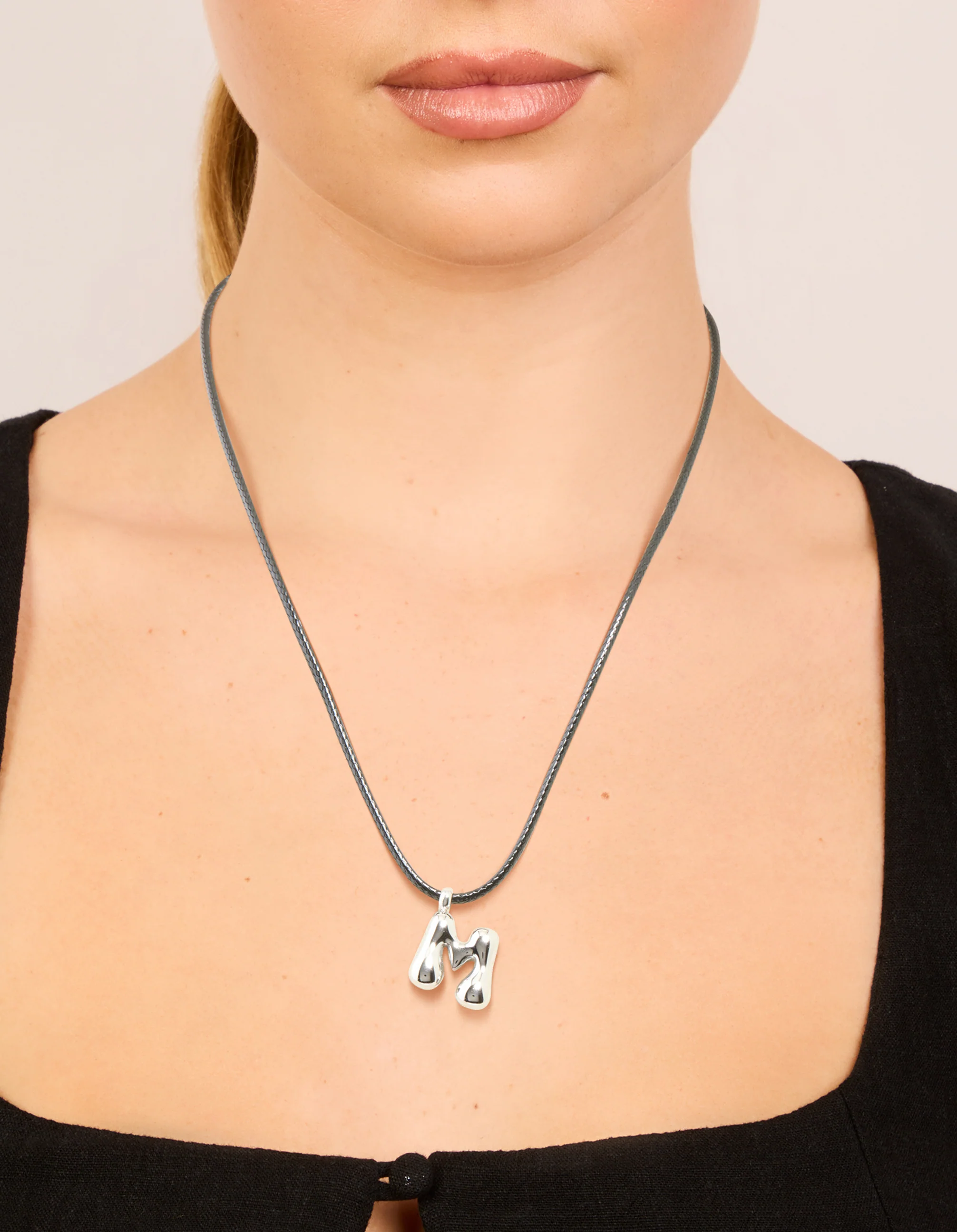 Waterproof Stainless Steel Large Bubble Letter M Cord Necklace