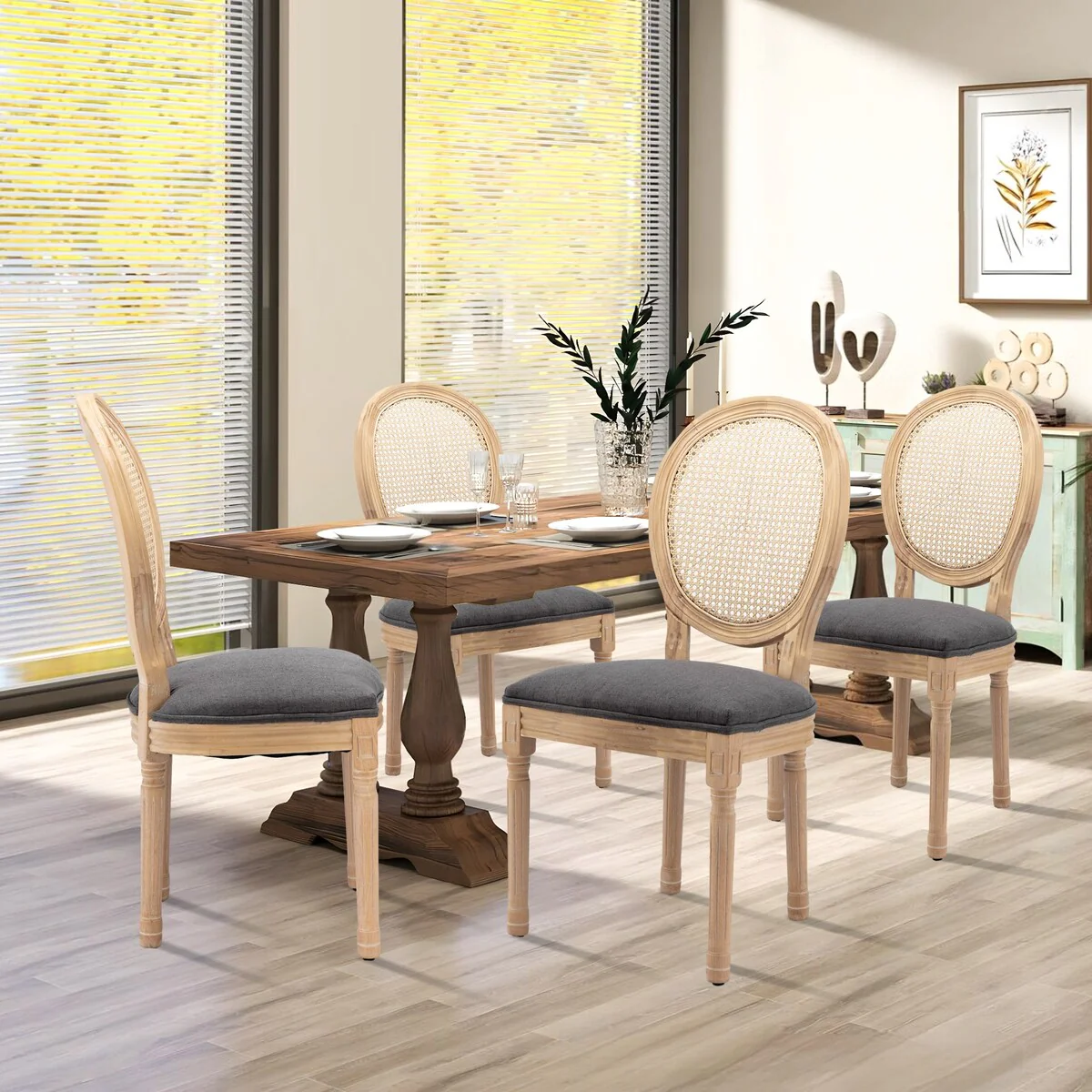 Farmhouse French Dining Room Antique Painting Chairs with PU Set of 4