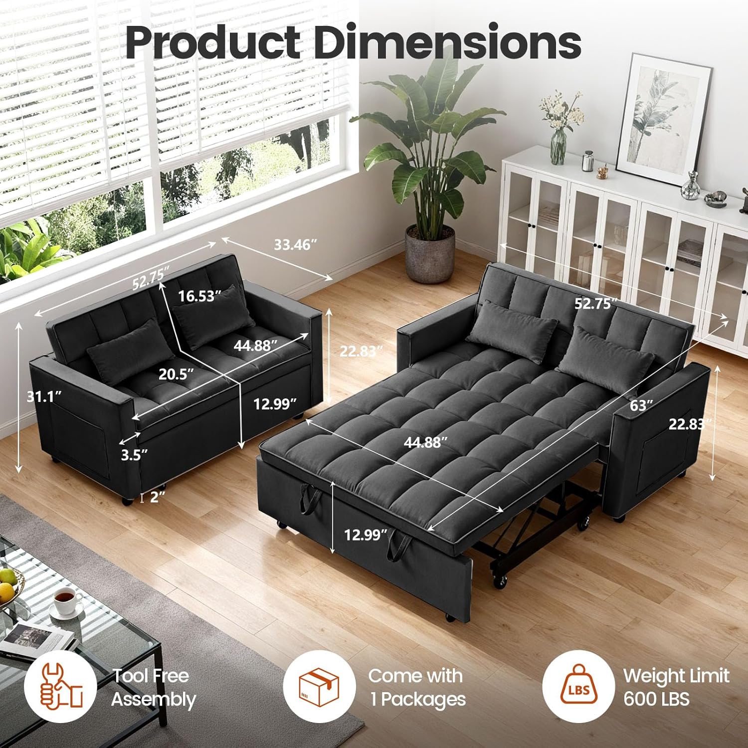 Convertible Sofa Bed, Pull Out Couch with Side Pockets, 3 in 1 Velvet Fabric Loveseat Sleeper Sofa Bed, Pull Out Couch with Adjustable Backrest for Living Room, Bedroom, Apartment, Black