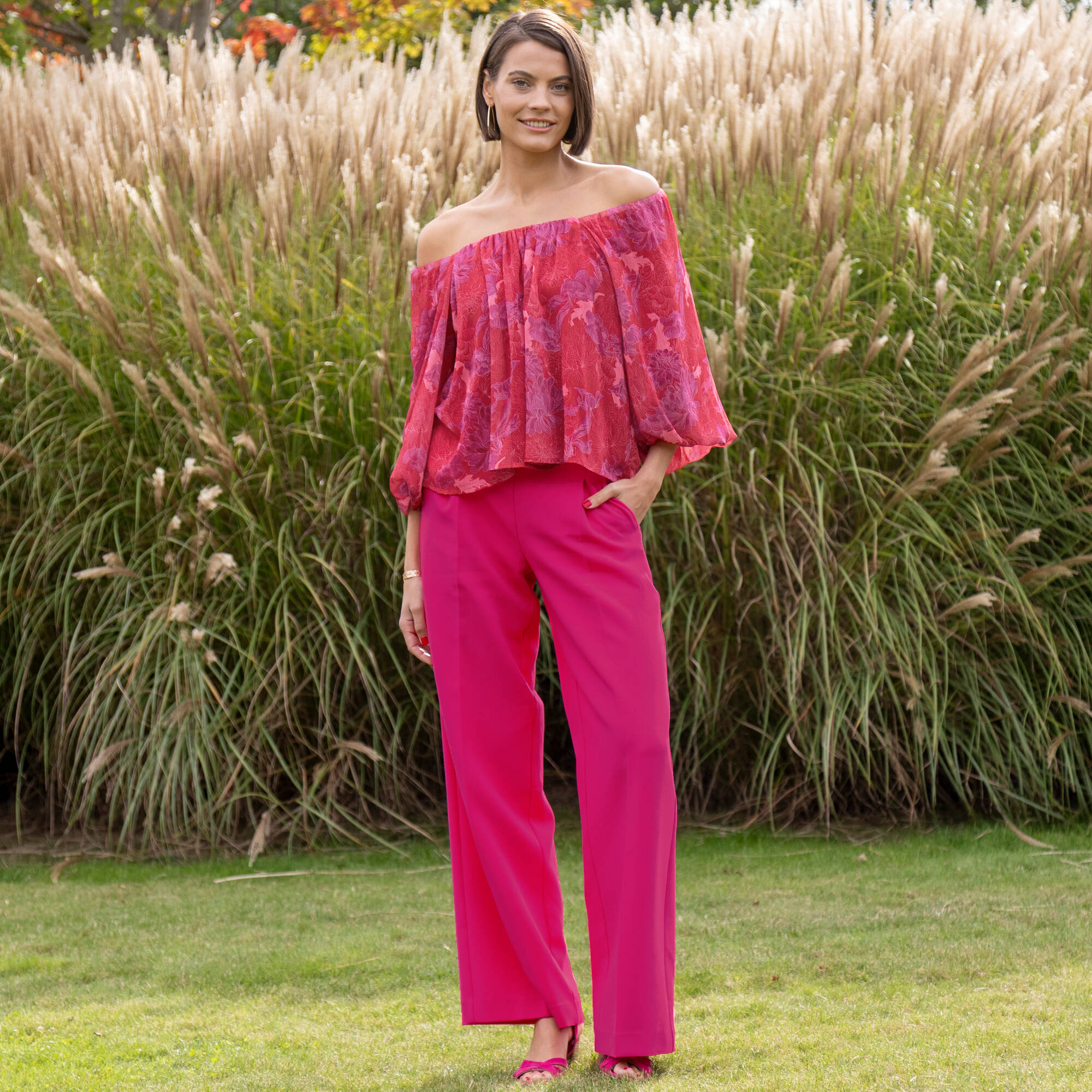 Blouse élastiquée manches blousantes, mousseline imprimé fleuri