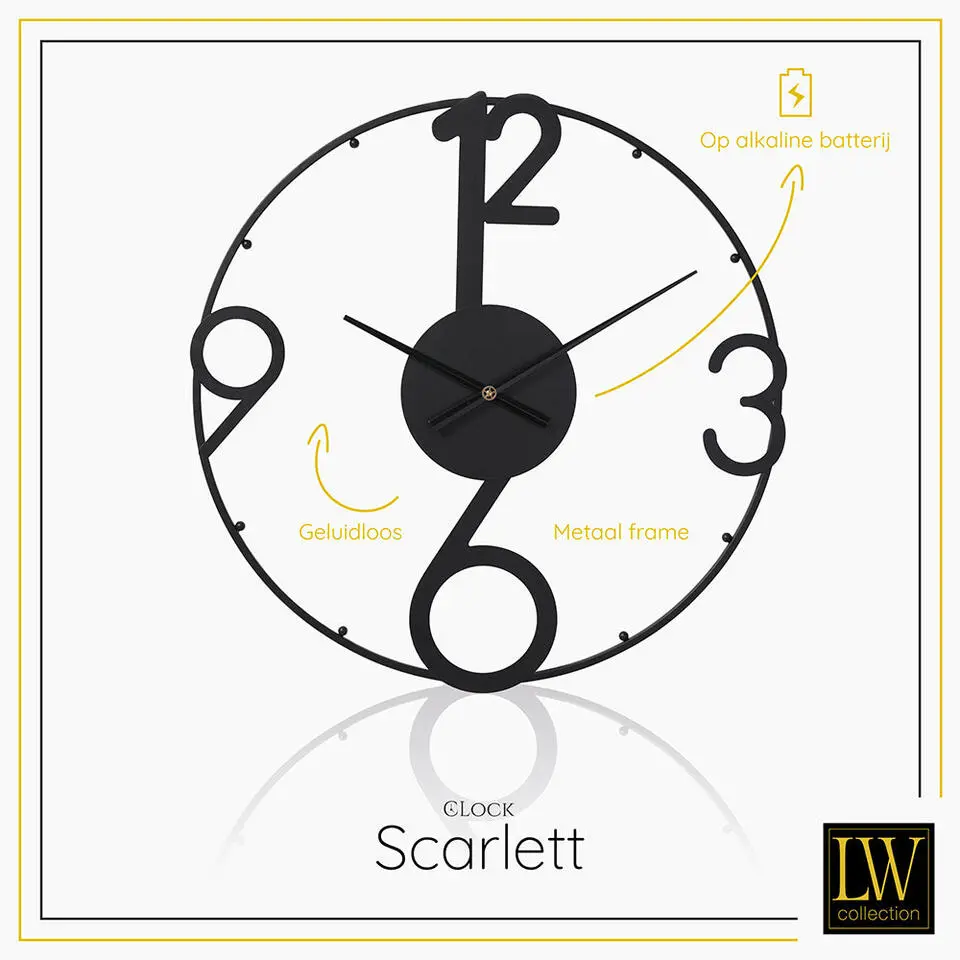 LW Collection Wandklok Scarlett Zwart 60cm - Wandklok