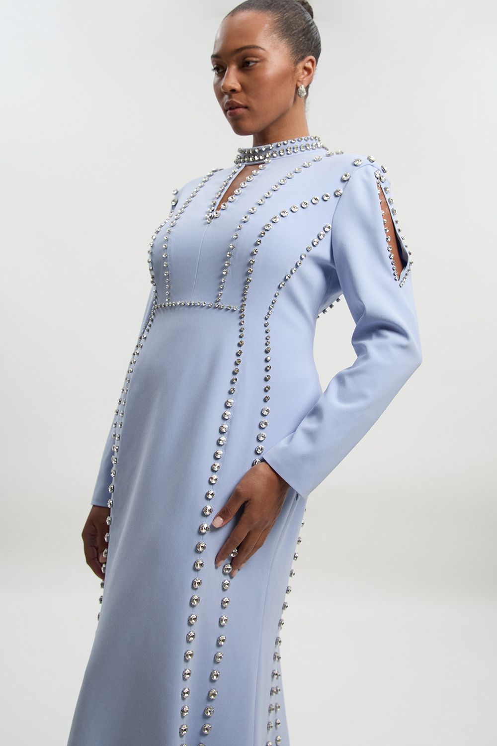 KarenMillen Plus Size Crystal Embellished Woven Plunge Detail Maxi Dress