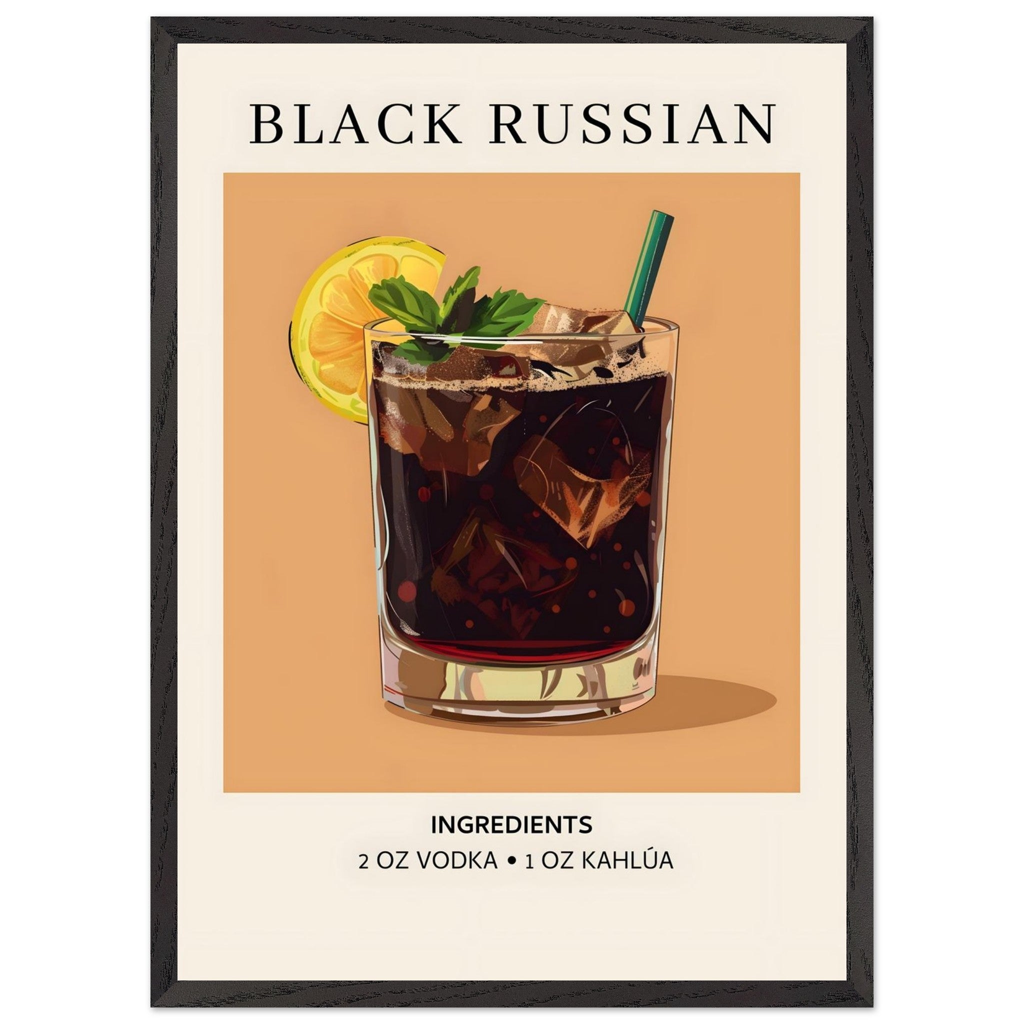 Artfulprints Poster met Lijst Black Russian cocktail - Ingrediënten  - 50x70 cm - Bruin