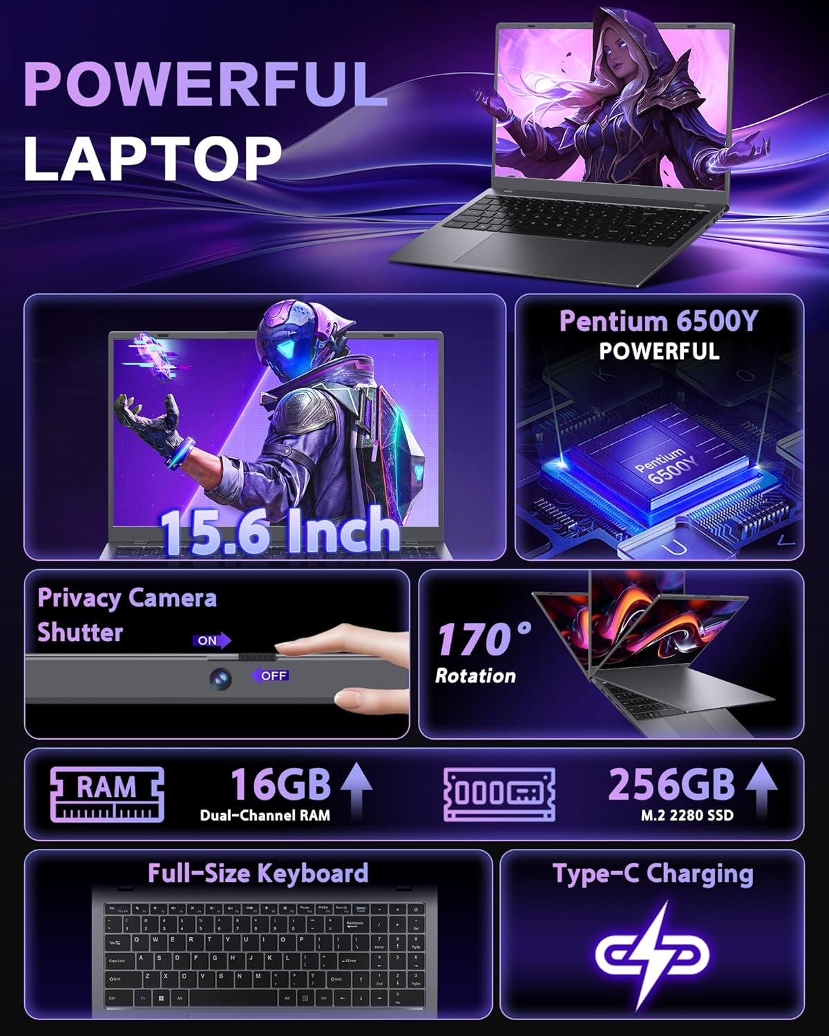 Laptop Computer 16GB RAM - Pentium 6500Y CPU (Beat N5095  Up to 3.4GHz)  Laptops with 256GB SSD  15.6 inch FHD IPS Screen  Type-C  USB 3.2  HDMI  Long Battery Life