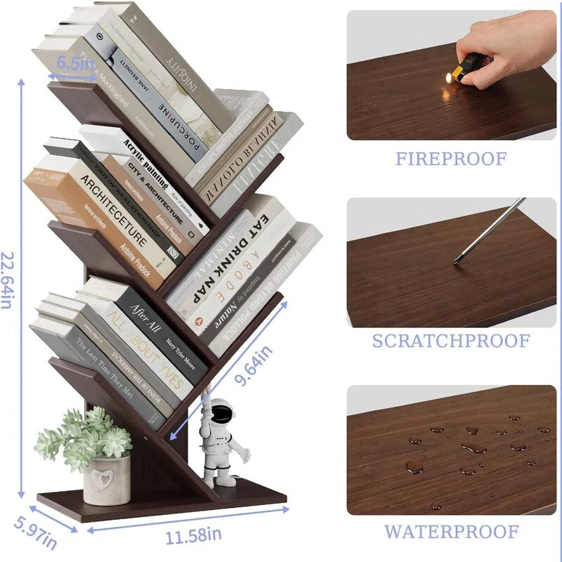 5 Tier Small Tree Bookshelf Desk Book Organizer Narrow Bookcases for Books Magazines CDs Free - 6D x 11.6W x 22.6H