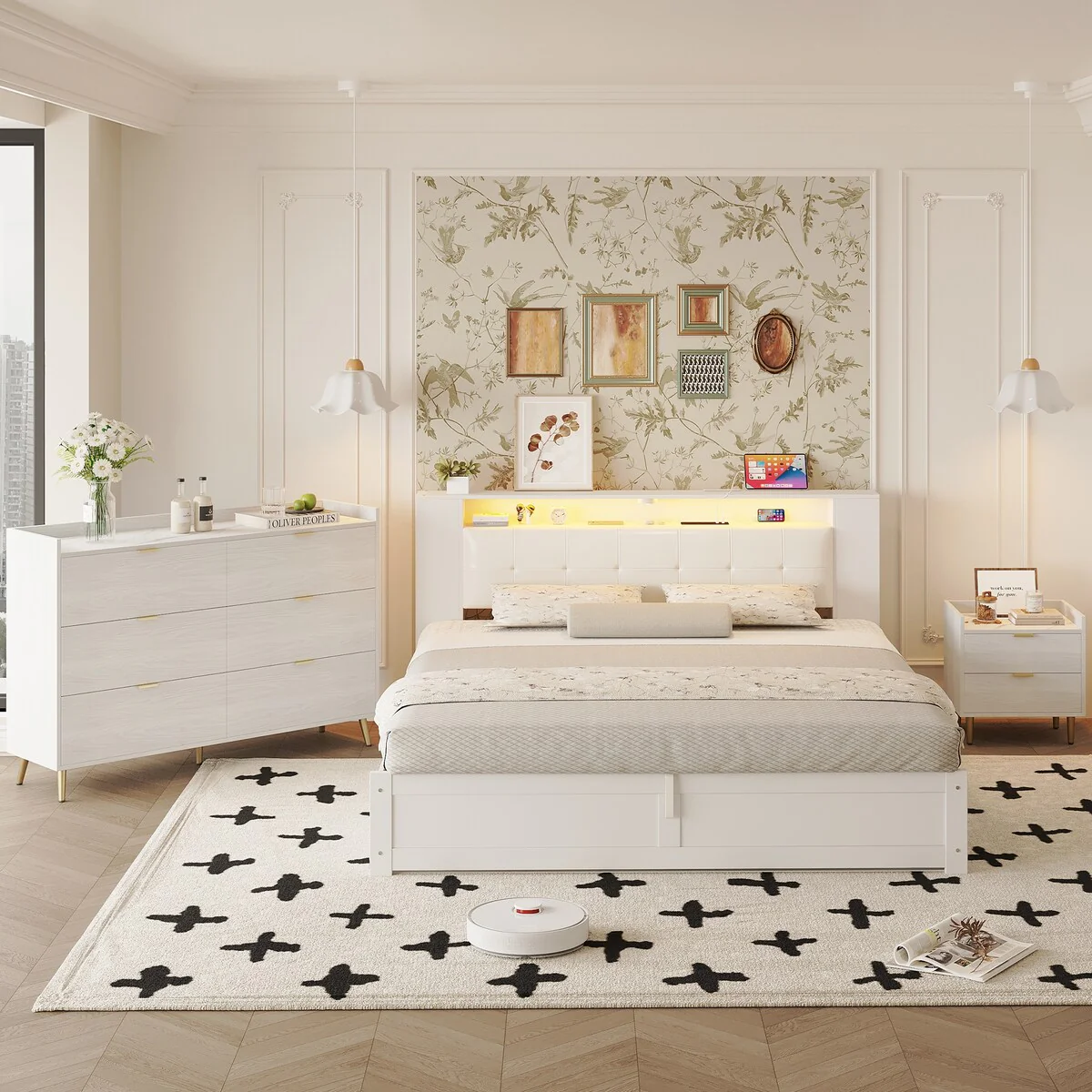 3-Pieces Bedroom Sets Queen Size Platform Bed,Motion Activated Night Lights,USB Charger,Storage Nightstand and Dresser