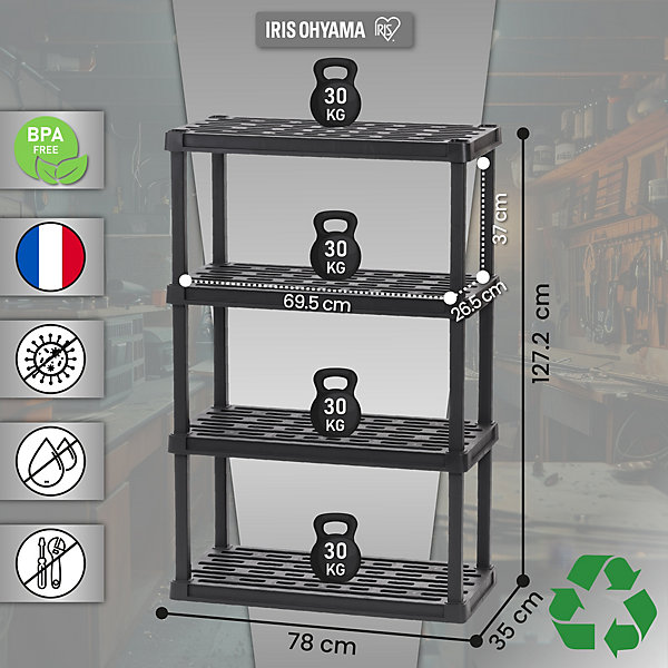 Iris Ohyama, Etagere Plastique de Rangement Résistante, Capacité de 120 kg, 4 étages, Etagere Garage, Cuisine, PRS-L4, Noir