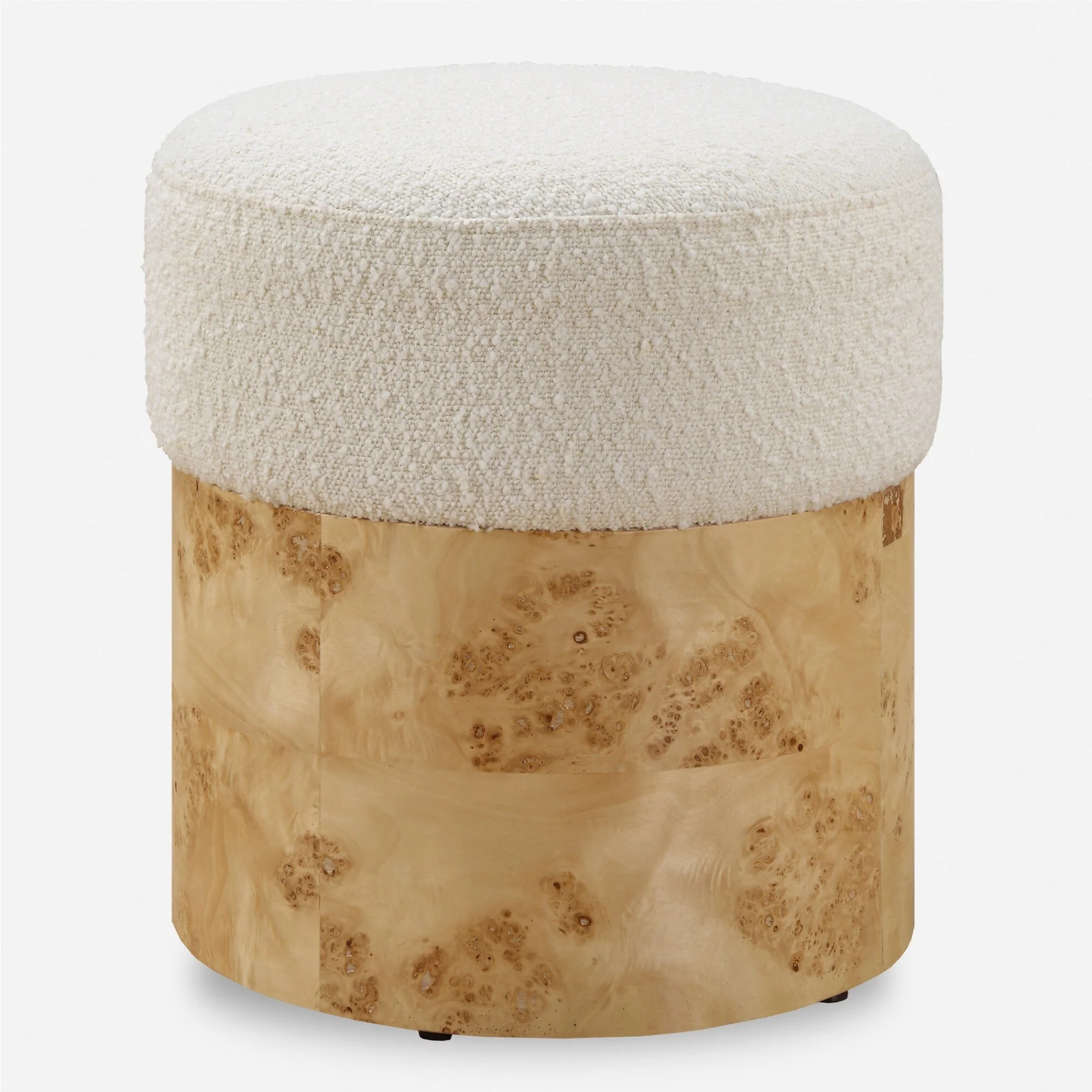 Boucle Upholstered Ottoman with Burl Veneer Wrap - 17 - White and Brown