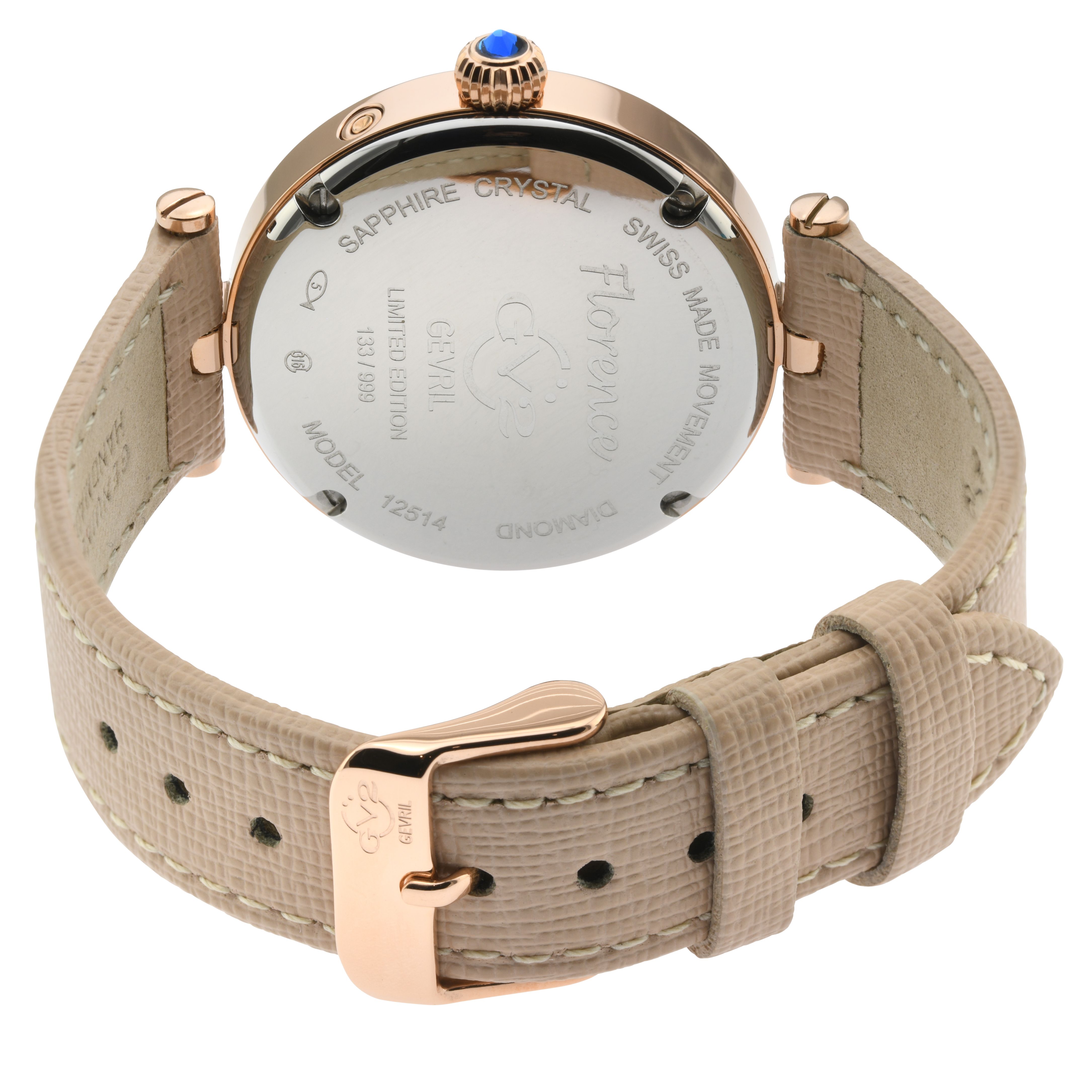 GV2 Florence, Swiss Quartz Watch, MOP white Dial, Handmade Italian Leather, and Sapphire Crystal