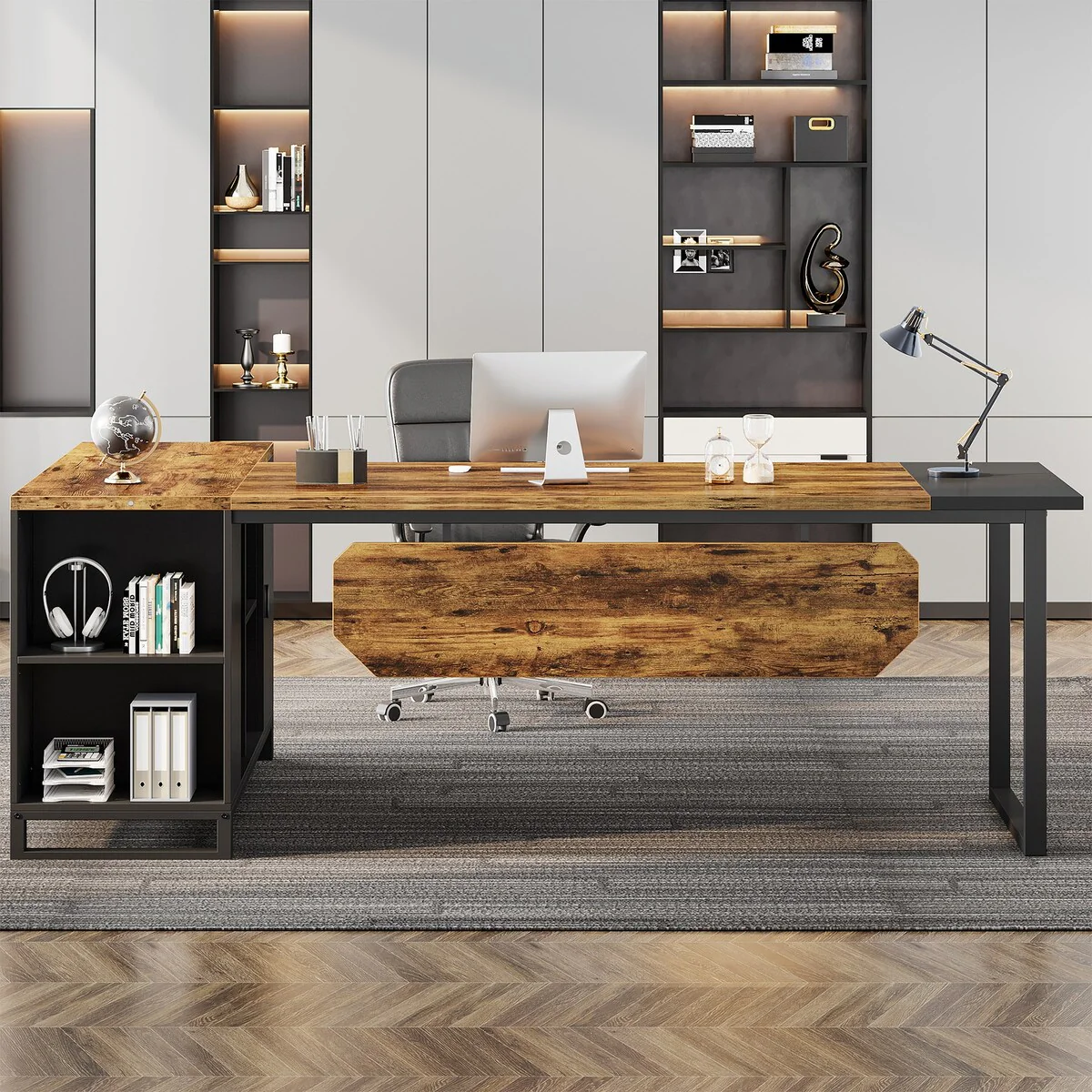 70.8-Inch Executive Desk with 55-Inch File Cabinet, Large L Shaped Computer Desk with Storage Cabinet and Shelves