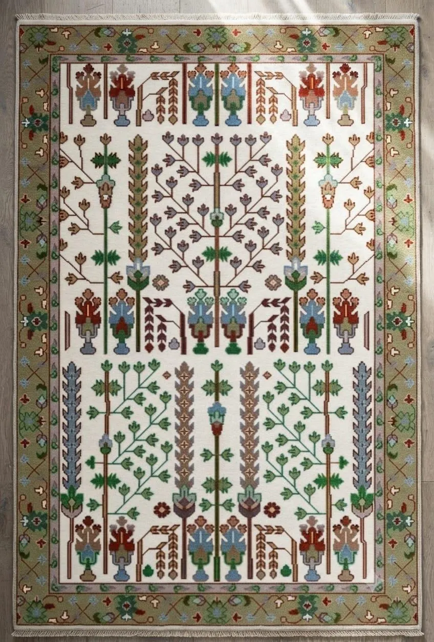 Oriental Handmade woollen carpet geomatrical design floor covering. Handmade Floral Area Rug, Traditional Wool Carpet, Handwoven Living Room
