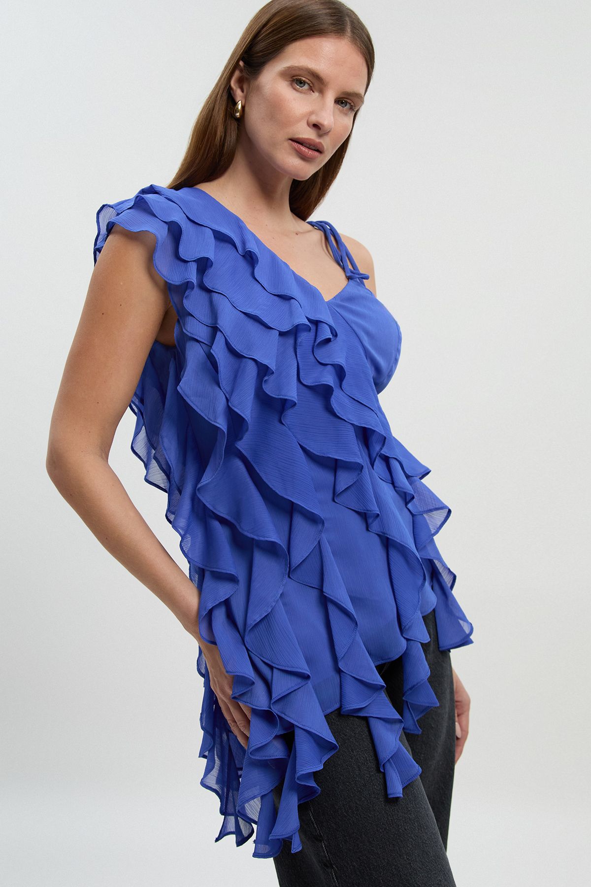 KarenMillen Ruffle detail chiffon asymmetric blouse