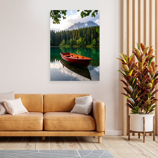 Obraz do salonu sypialni biura, Jezioro łódka góry pejzaż 20x30