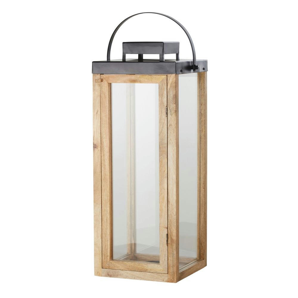 - Grande lanterne en bois de manguier et métal noir