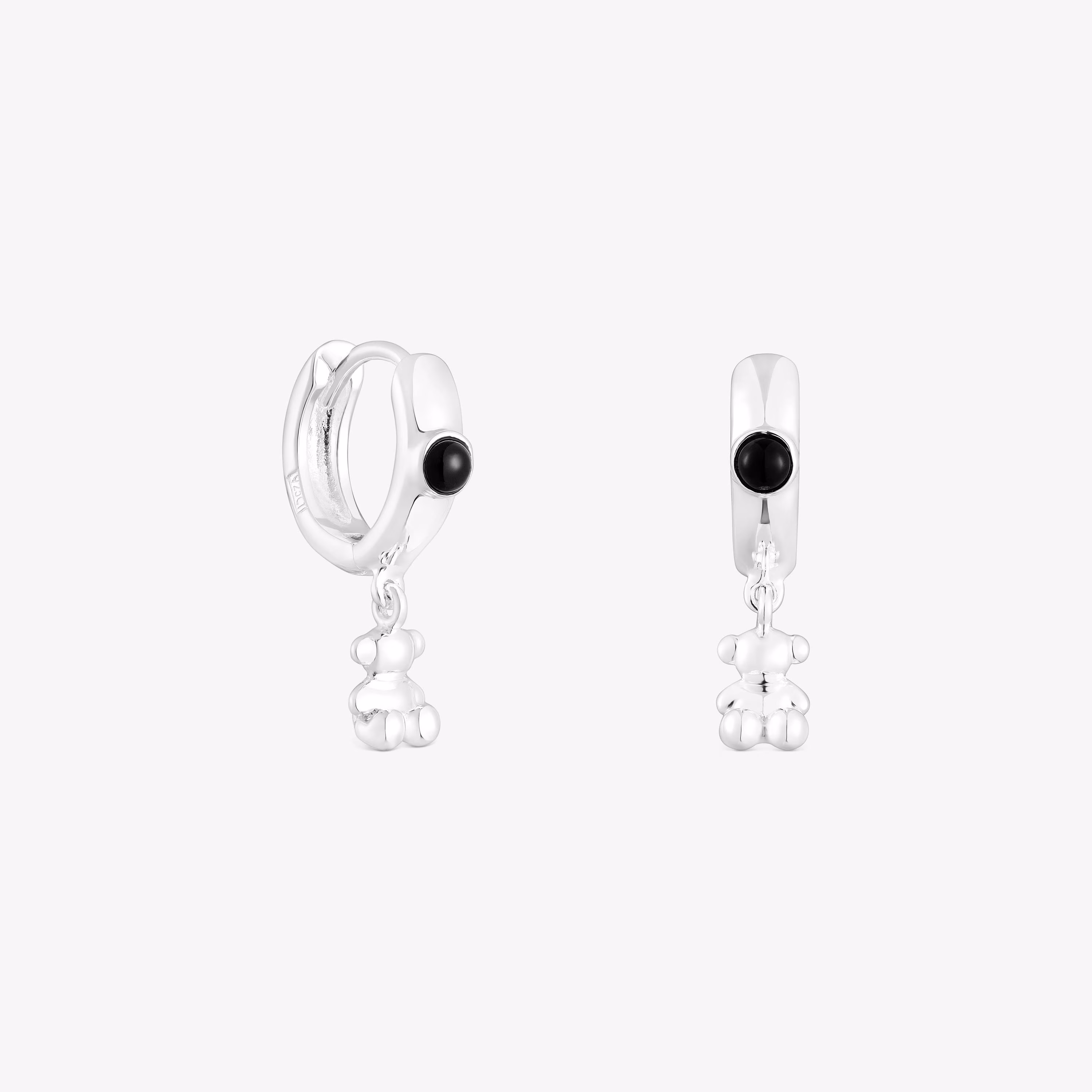 Pendientes aro de plata con ónix y motivo oso Bold Bear