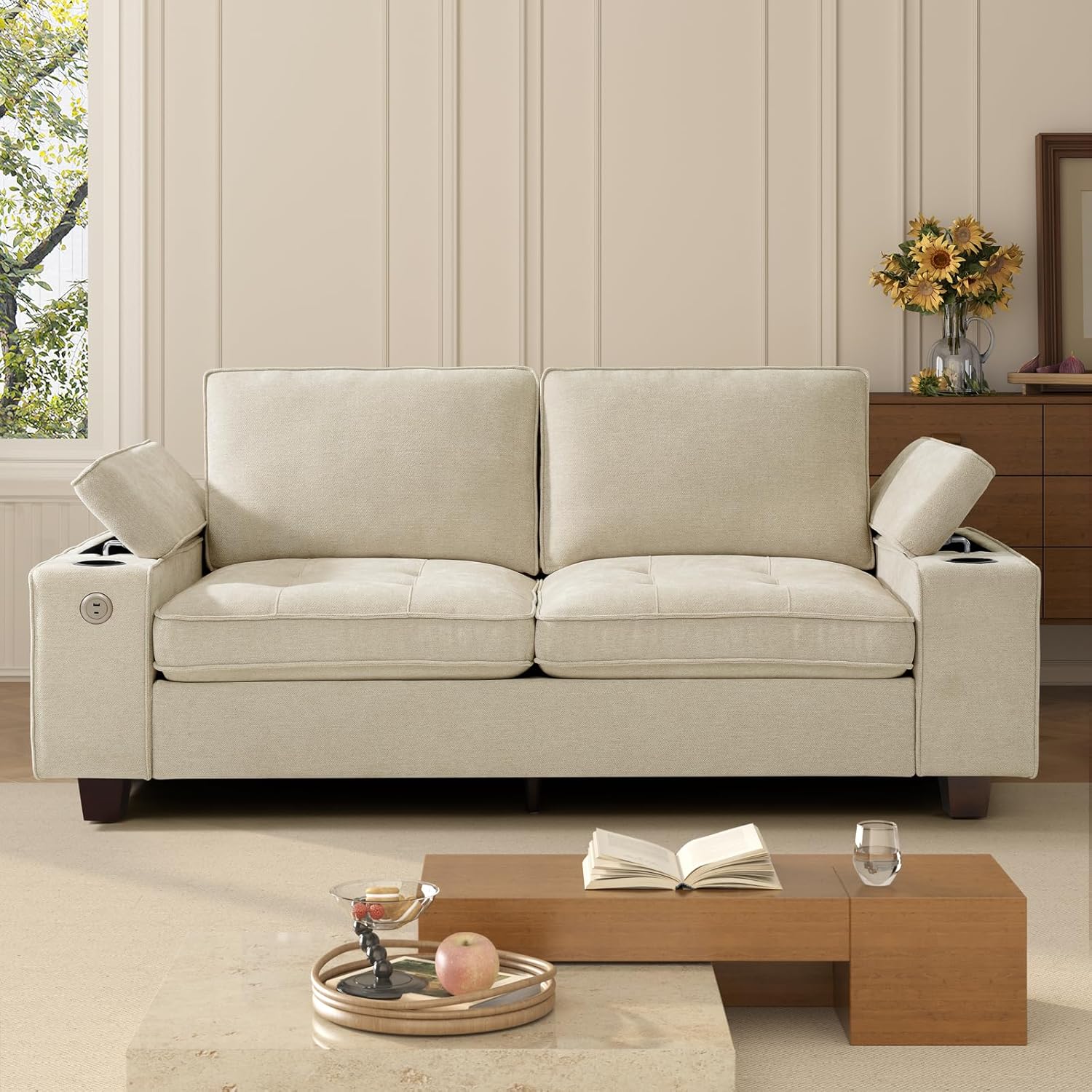 74 Loveseat Couch for Living Room, Modern Chenille Upholstered Sofa with Adjustable Armrest,Storage,Cup Holders,USB & Type-C Ports,Solid Wood 2-Seater Loveseat Sofa for Apartment(Beige)