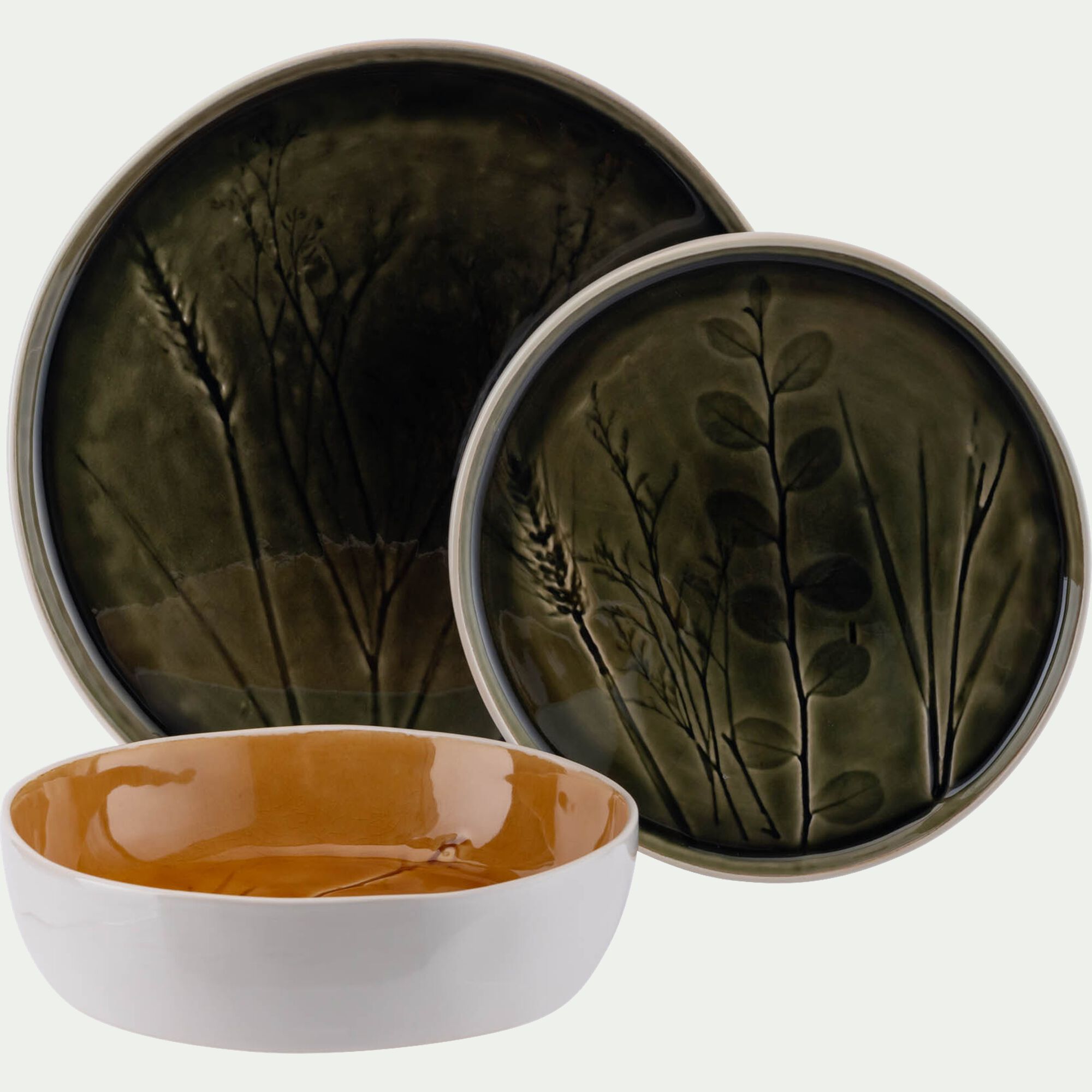 FLEOLE - Assiette plate impressions végétales en grès D26cm - vert avocado