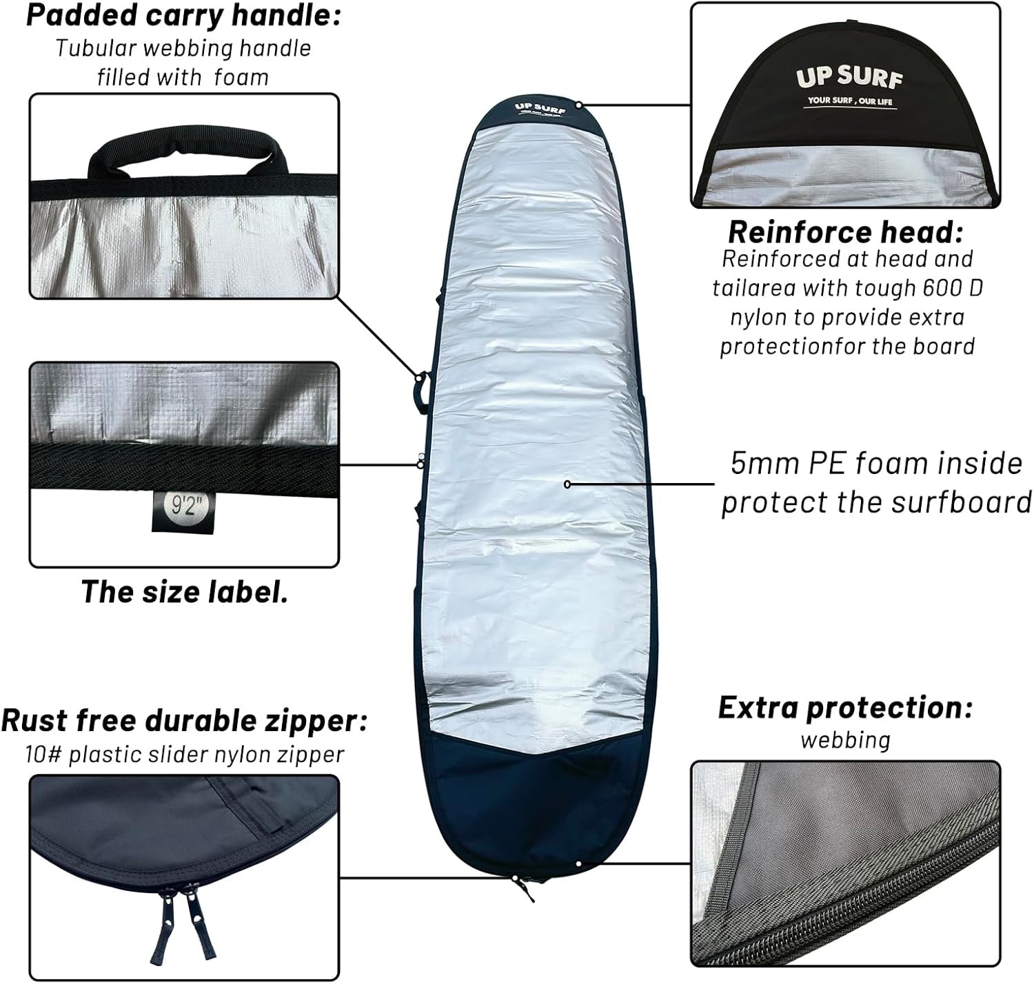 UP SURF Surfboard bag, Daylight Bags for Longboard, Size 8’6”,9’2”,9’6, Surfboard cover for Storage and Transport Surfboard