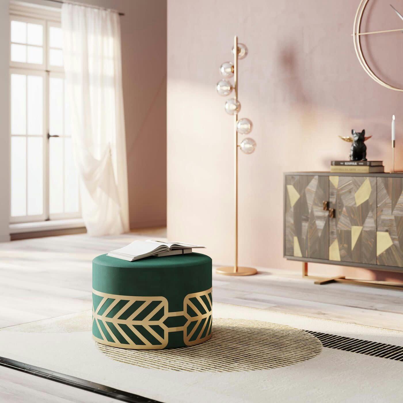 JENNA - Tabouret Jenna velours vert et or Kare Design