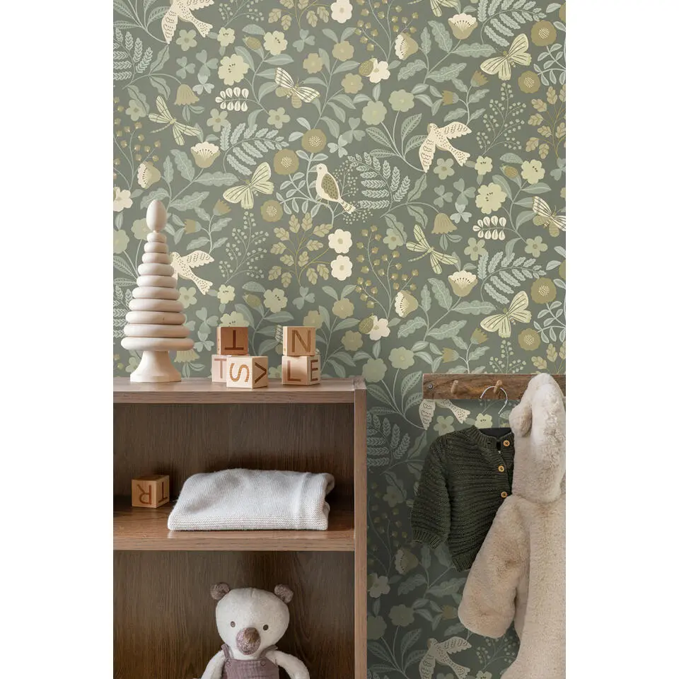ESTAhome behang bloemen en vogels vergrijsd groen - 50 x 900 cm