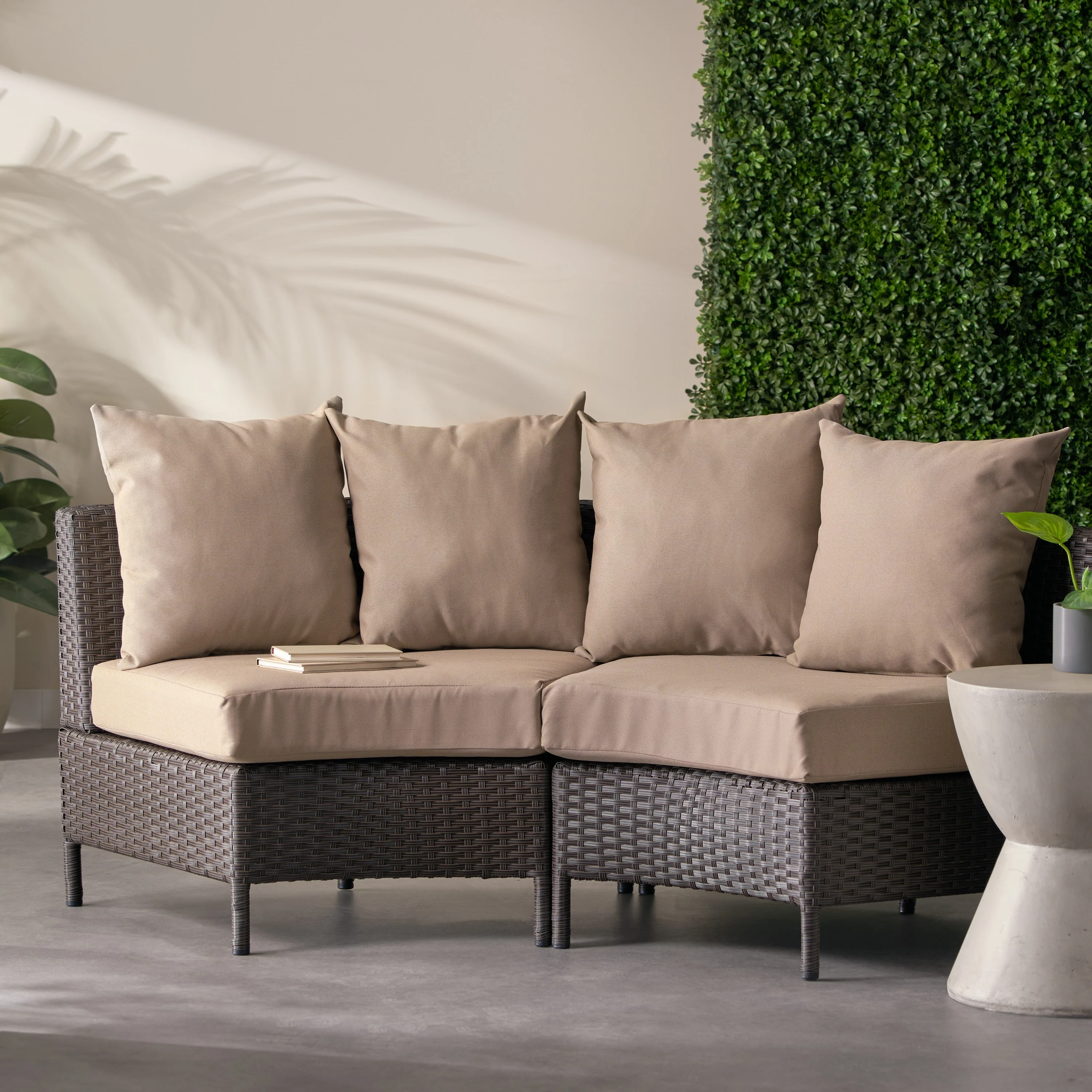 Newton Wicker Outdoor Curved Loveseat Sectional with Cushions by Christopher Knight Home