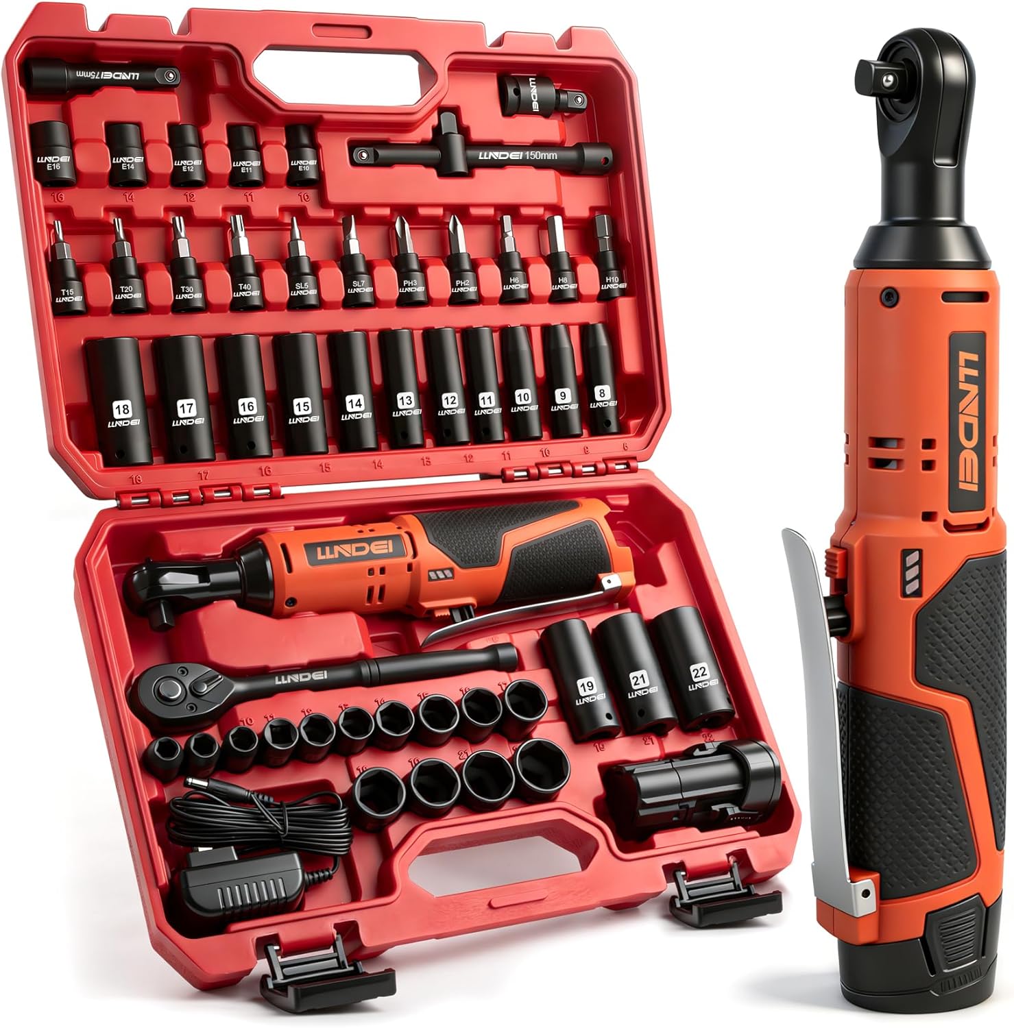 LLNDEI Cordless Electric Ratchet Wrench Set with Socket Set, 3/8 Ratchet, 40FT-LBS with Adjustable Speed, 1 Pack 2000mAh Lithium-Ion Battery and Charger, 52pcs