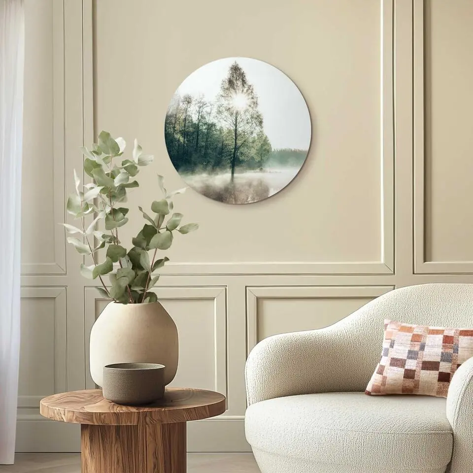 Glasschilderij Zon door de boom - &Oslash; 50 - Groen