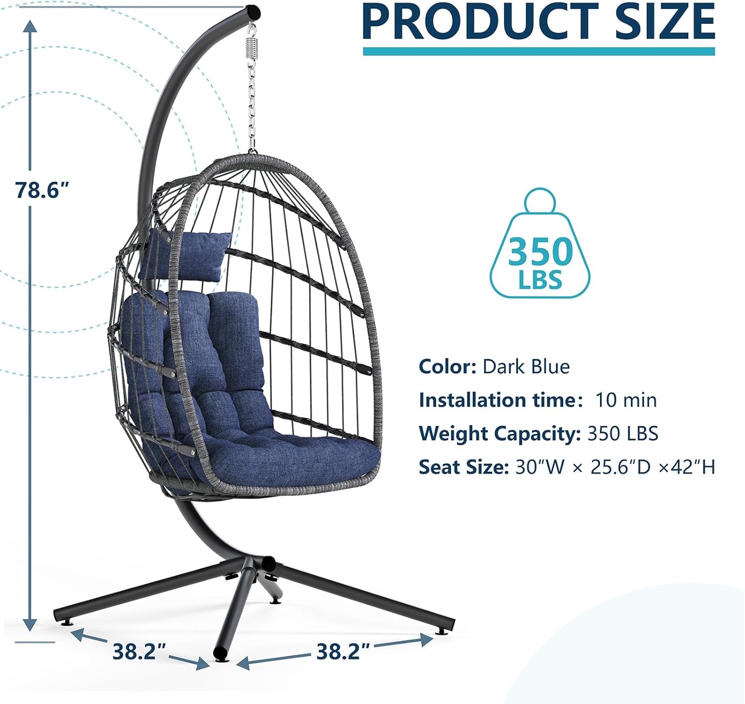 LEYCAY Hanging Egg Chair with Stand, Outdoor Indoor Swing Egg Chair with Cushion, Wicker Hammock for Patio, Bedroom 350 LBS Capacity-Dark Blue