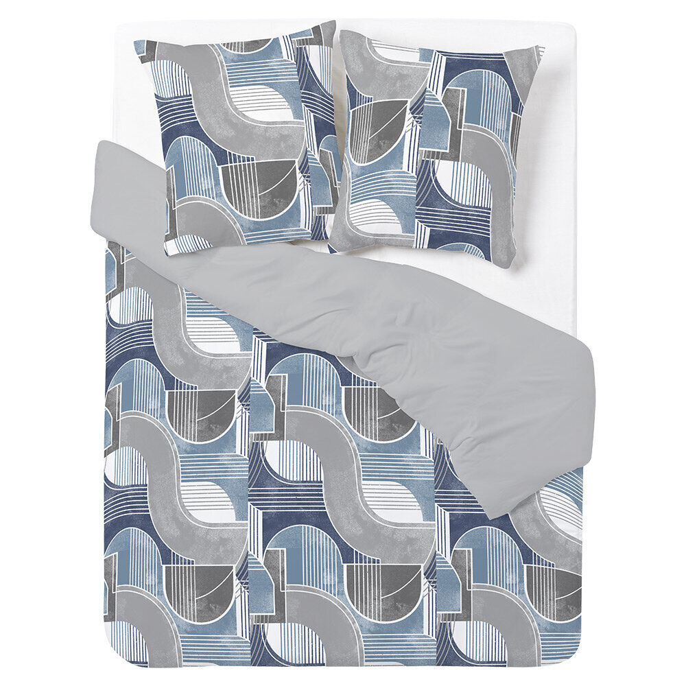 Parure de lit 2 personnes 240x220cm réversible courbe géométrique bleu et gris