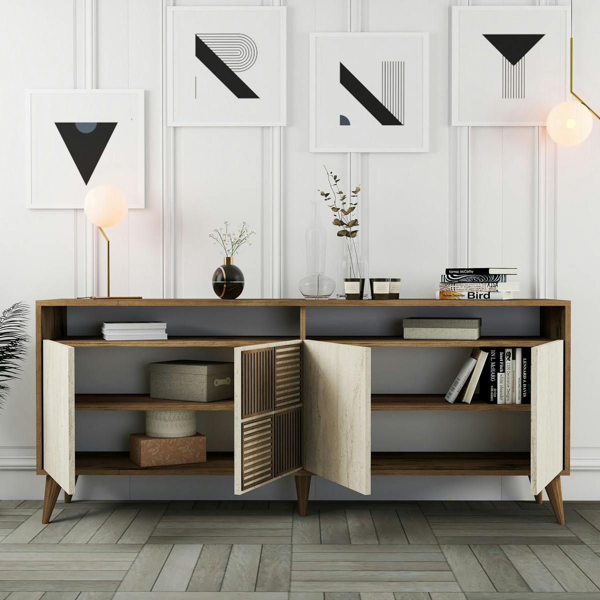 Buffet moderne effet bois et travertin 4 portes 2 niches UMEA