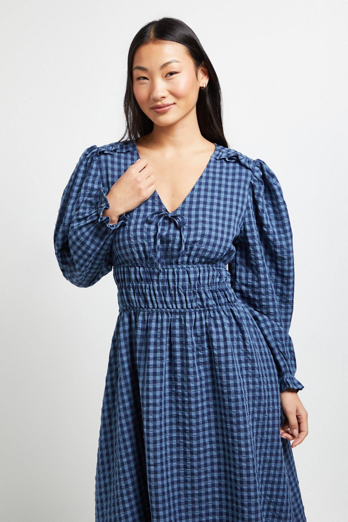 Dorothy Perkins Petite Shirred Waist Tie Detail Gingham Midaxi Dress